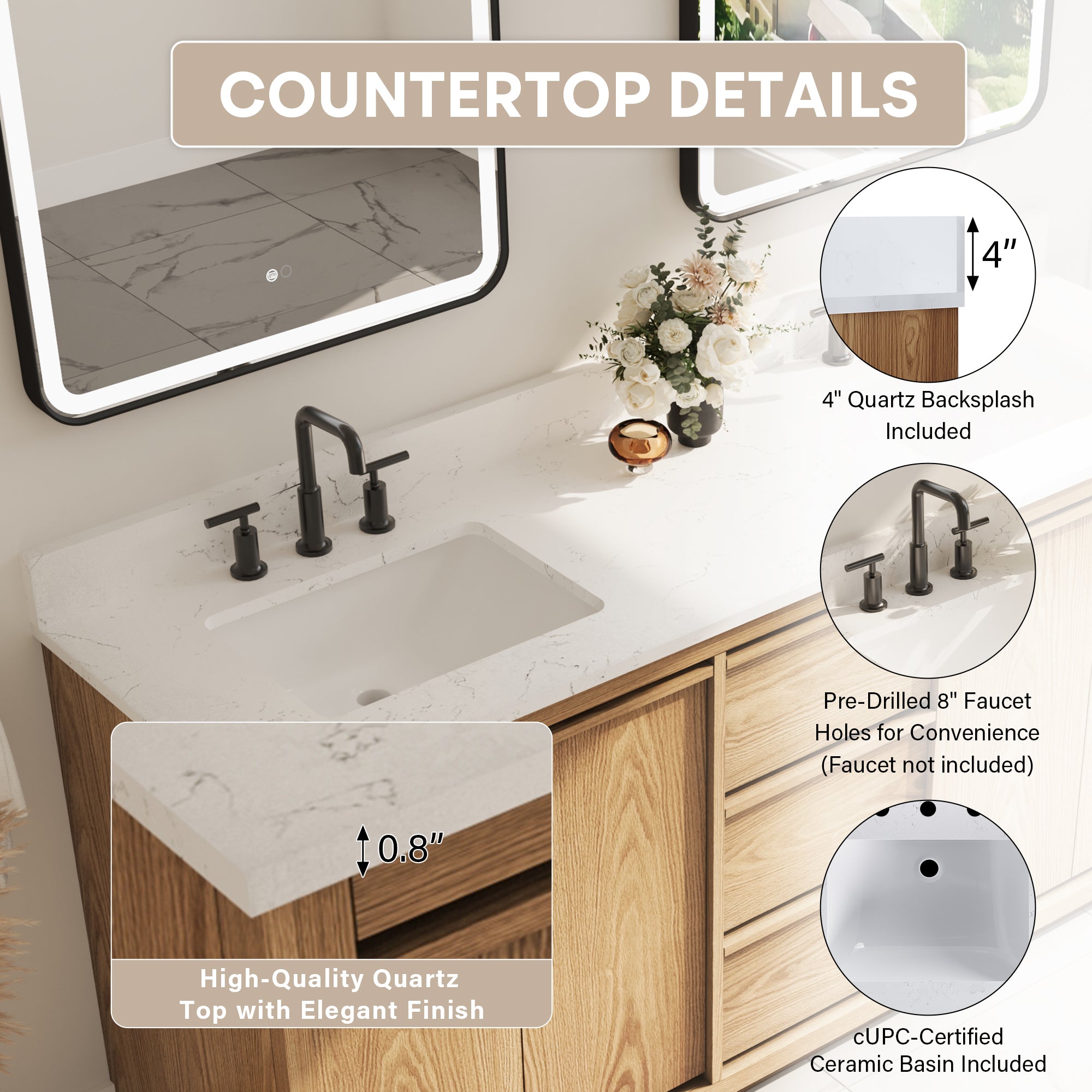 72 Inch Oak Soild Wood Bathroom Vanity with Double Undermount Sinks, 3 Dovetail-constructed Drawers and 4 Soft-close Doors