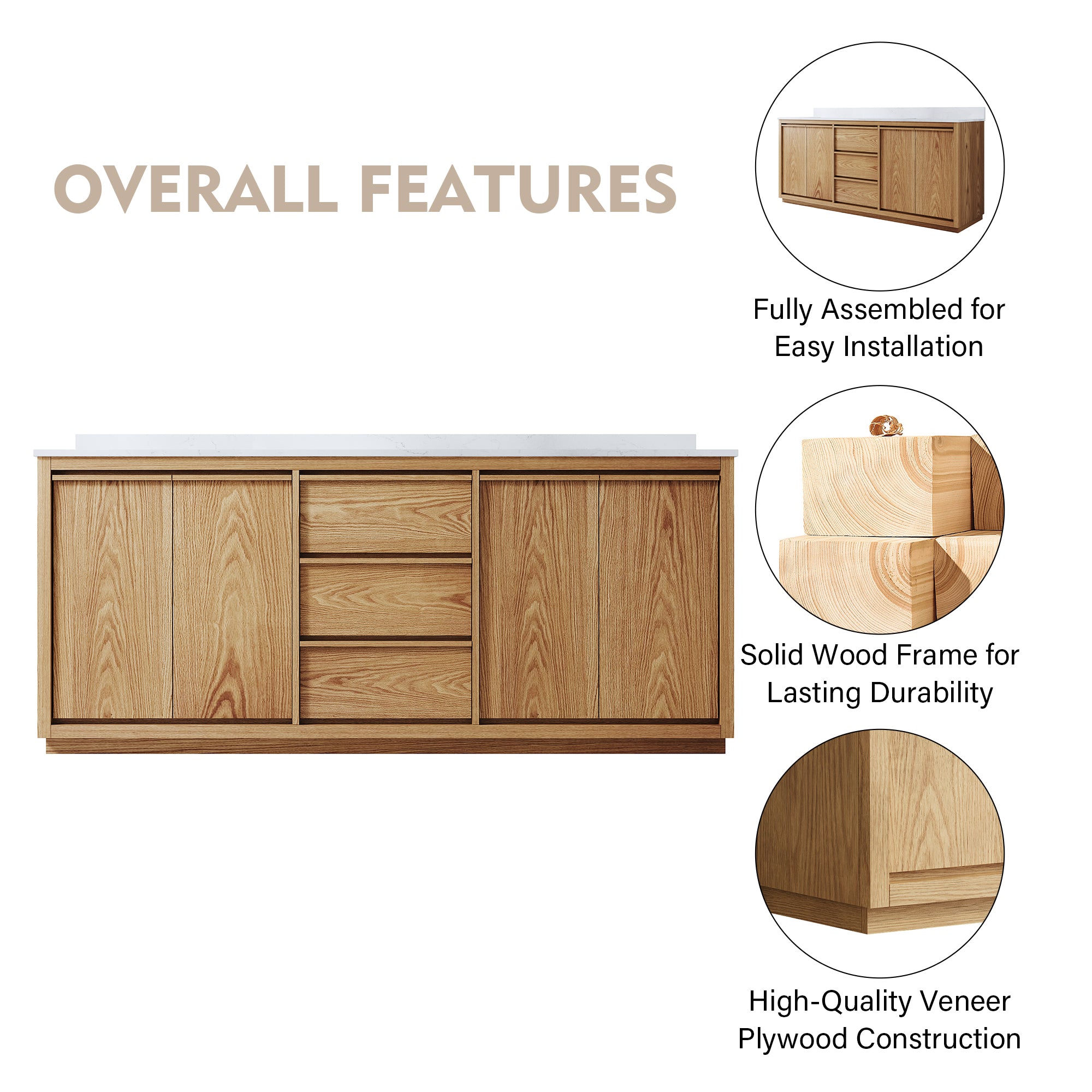 80 Inch Oak Soild Wood Bathroom Vanity with Double Undermount Sinks, 3 Dovetail-constructed Drawers and 4 Soft-close Doors