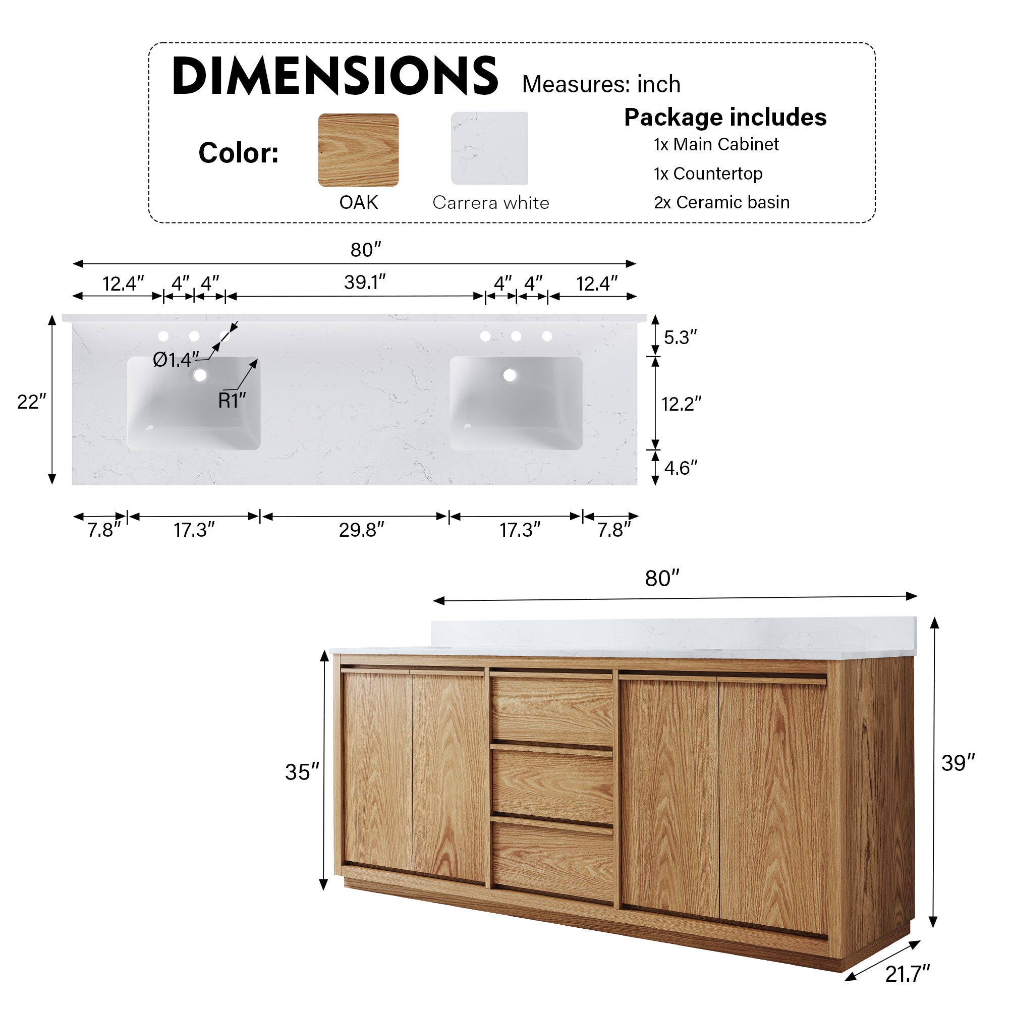 80 Inch Oak Soild Wood Bathroom Vanity with Double Undermount Sinks, 3 Dovetail-constructed Drawers and 4 Soft-close Doors