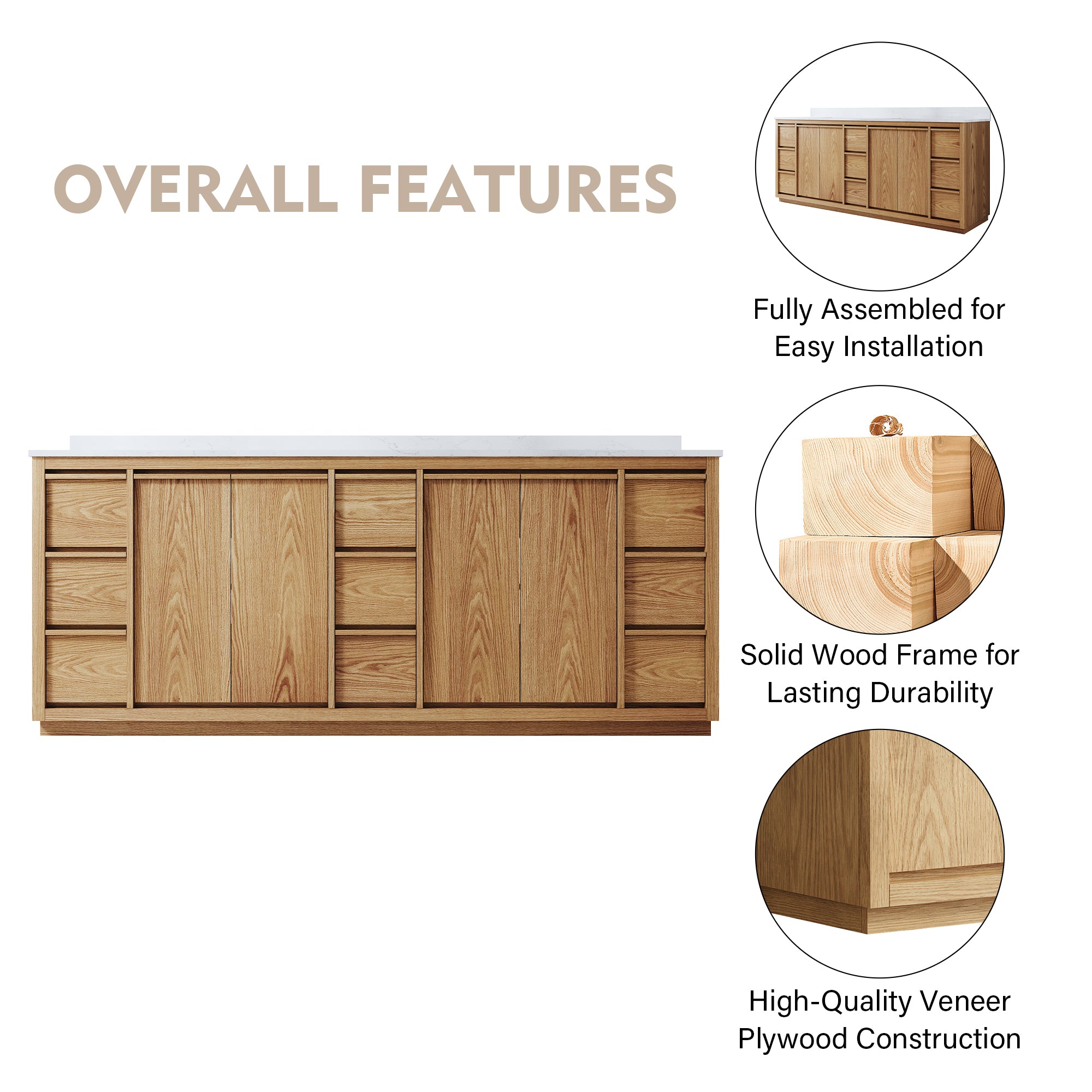 84 Inch Oak Soild Wood Bathroom Vanity with Double Undermount Sinks, 9 Dovetail-constructed Drawers and 4 Soft-close Doors