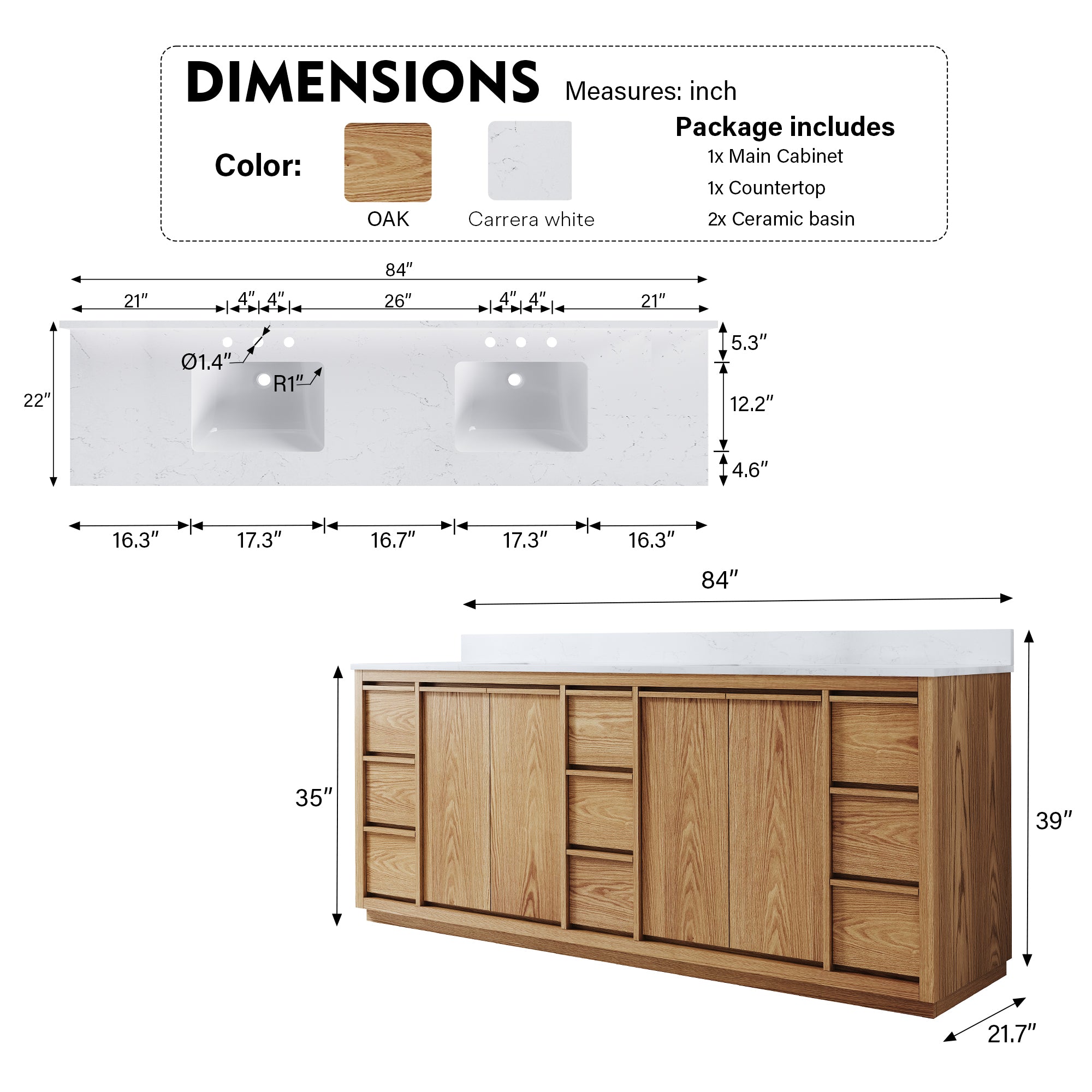 84 Inch Oak Soild Wood Bathroom Vanity with Double Undermount Sinks, 9 Dovetail-constructed Drawers and 4 Soft-close Doors