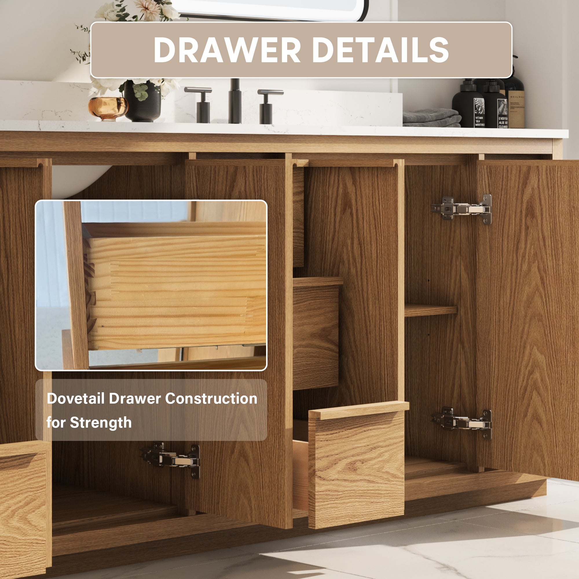 84 Inch Oak Soild Wood Bathroom Vanity with Double Undermount Sinks, 9 Dovetail-constructed Drawers and 4 Soft-close Doors