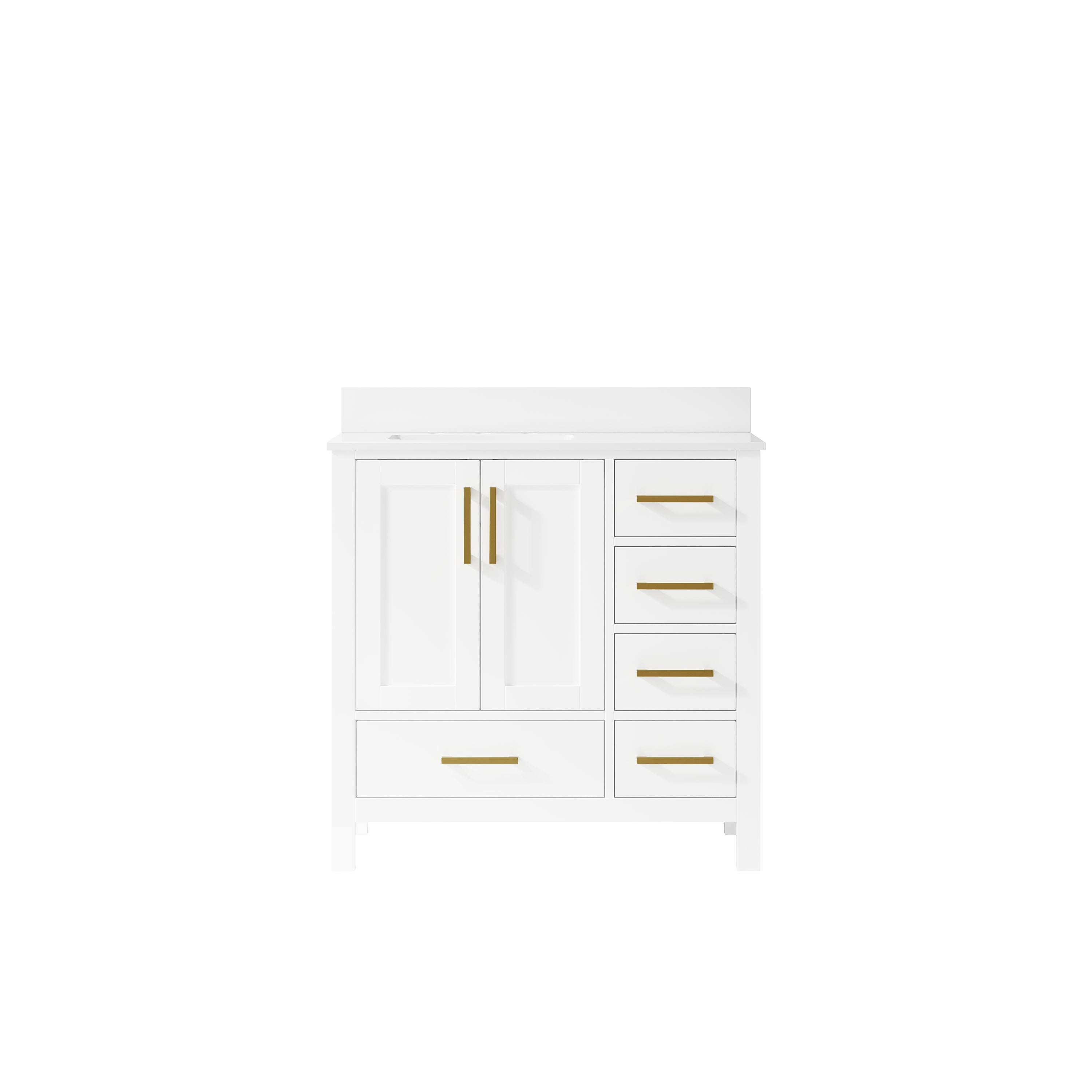 36 Inch Freestanding Solid Wood Bathroom Vanity with Carrara Cultured Marble Top, 2 Soft-Close Doors & 5 Dovetail Drawers, White