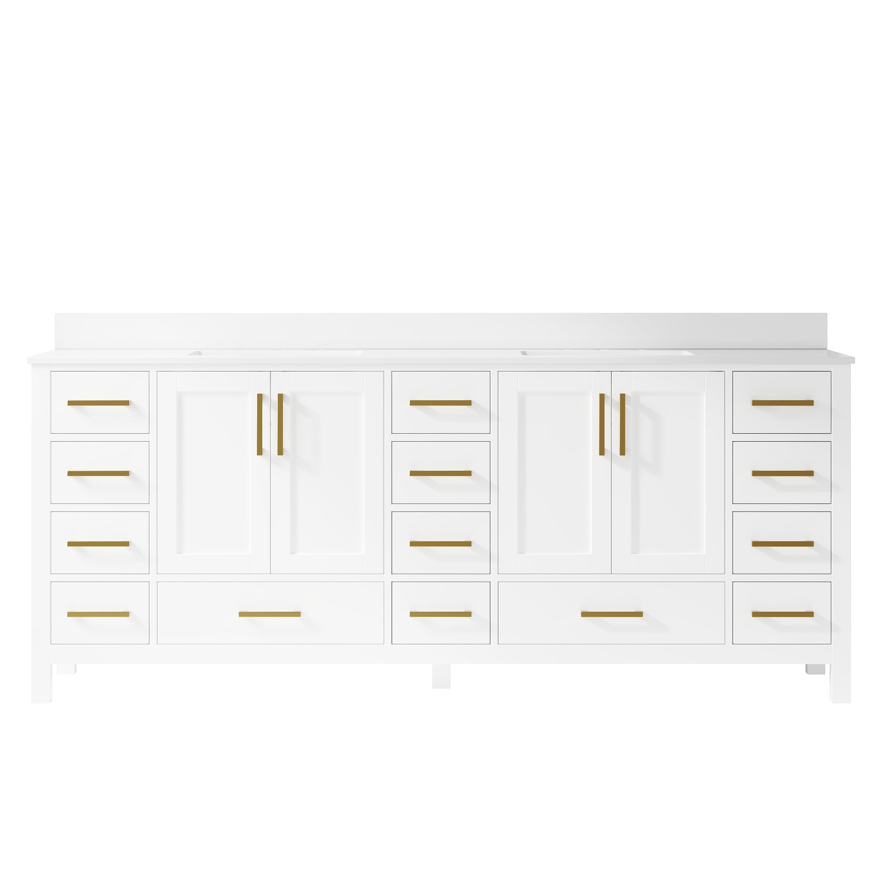 84 Inch Freestanding Solid Wood Bathroom Vanity with Carrara Cultured Marble Top, 4 Soft-Close Doors & 14 Dovetail Drawers, White