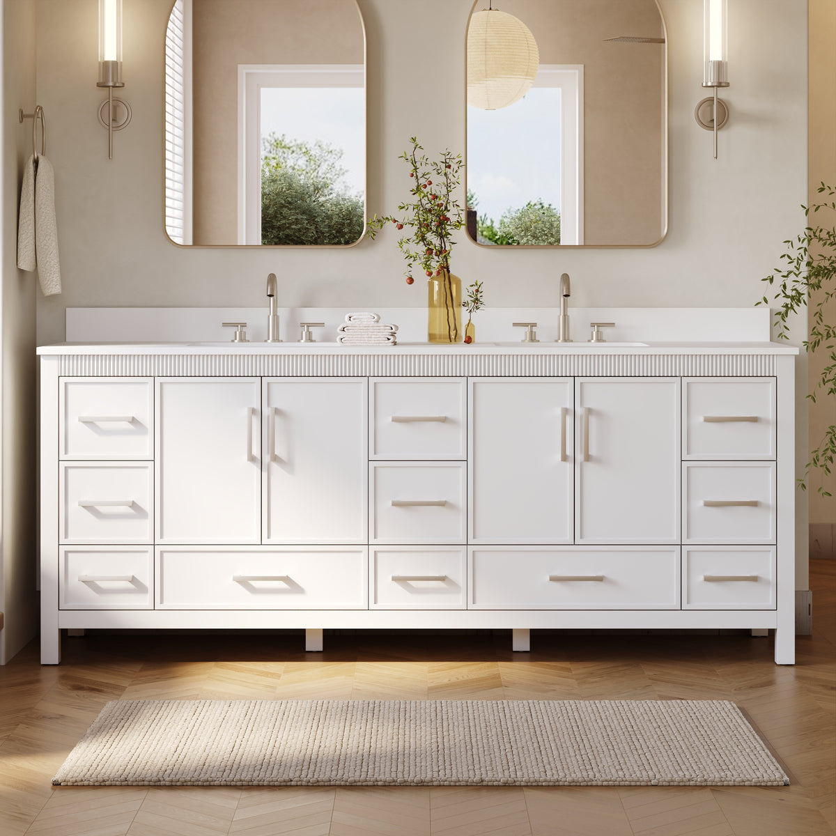 84 Inch Freestanding Solid Wood Bathroom Vanity with Pure White Quartz Countertop, 4 Soft-Close Doors & 11 Dovetail Drawers, White