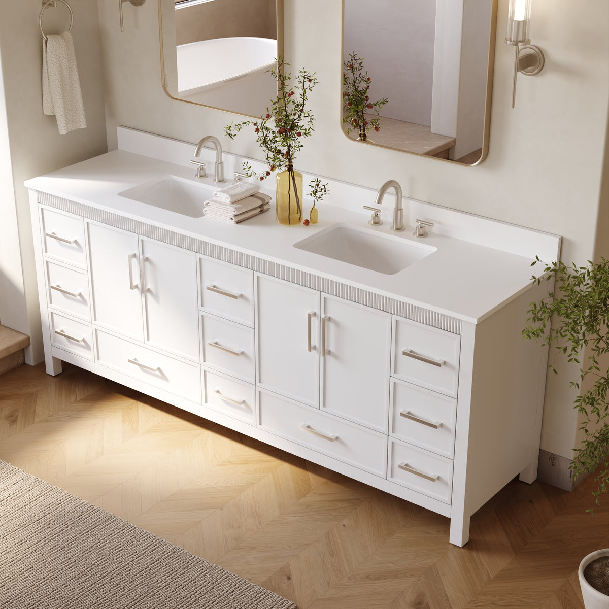 84 Inch Freestanding Solid Wood Bathroom Vanity with Pure White Quartz Countertop, 4 Soft-Close Doors & 11 Dovetail Drawers, White