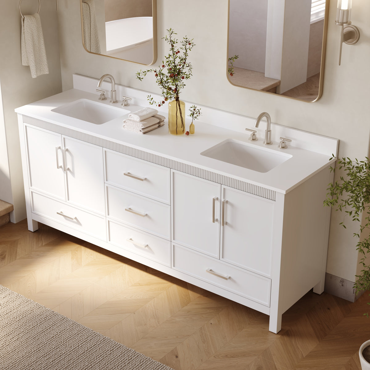 80 Inch Freestanding Solid Wood Bathroom Vanity with Pure White Quartz Countertop, 4 Soft-Close Doors & 5 Dovetail Drawers, White