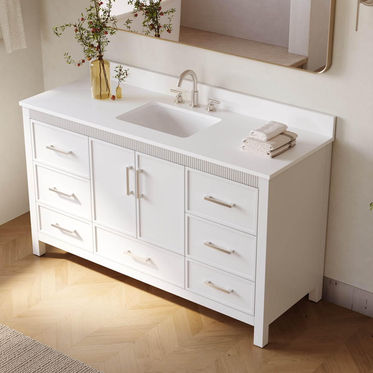 60 Inch Freestanding Solid Wood Bathroom Vanity with Pure White Quartz Countertop, 2 Soft-Close Doors & 7 Dovetail Drawers, White