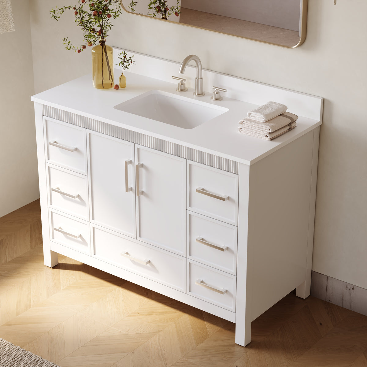 48 Inch Freestanding Solid Wood Bathroom Vanity with Fluted Molding, Pure White Quartz Countertop, White