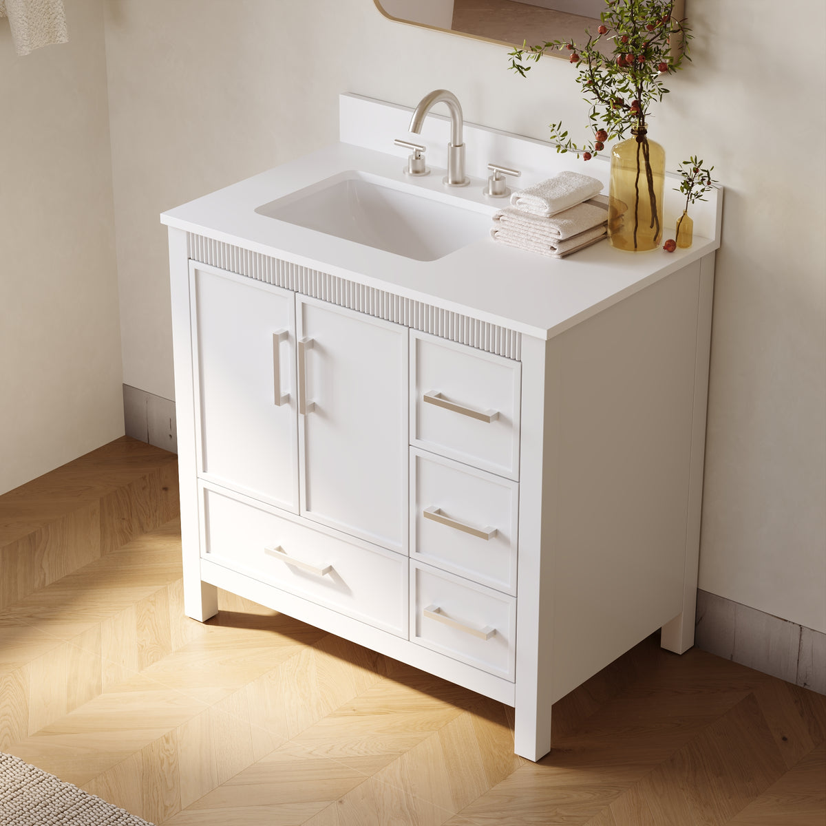 36 Inch Freestanding Solid Wood Bathroom Vanity with Fluted Molding, Pure White Quartz Countertop, White