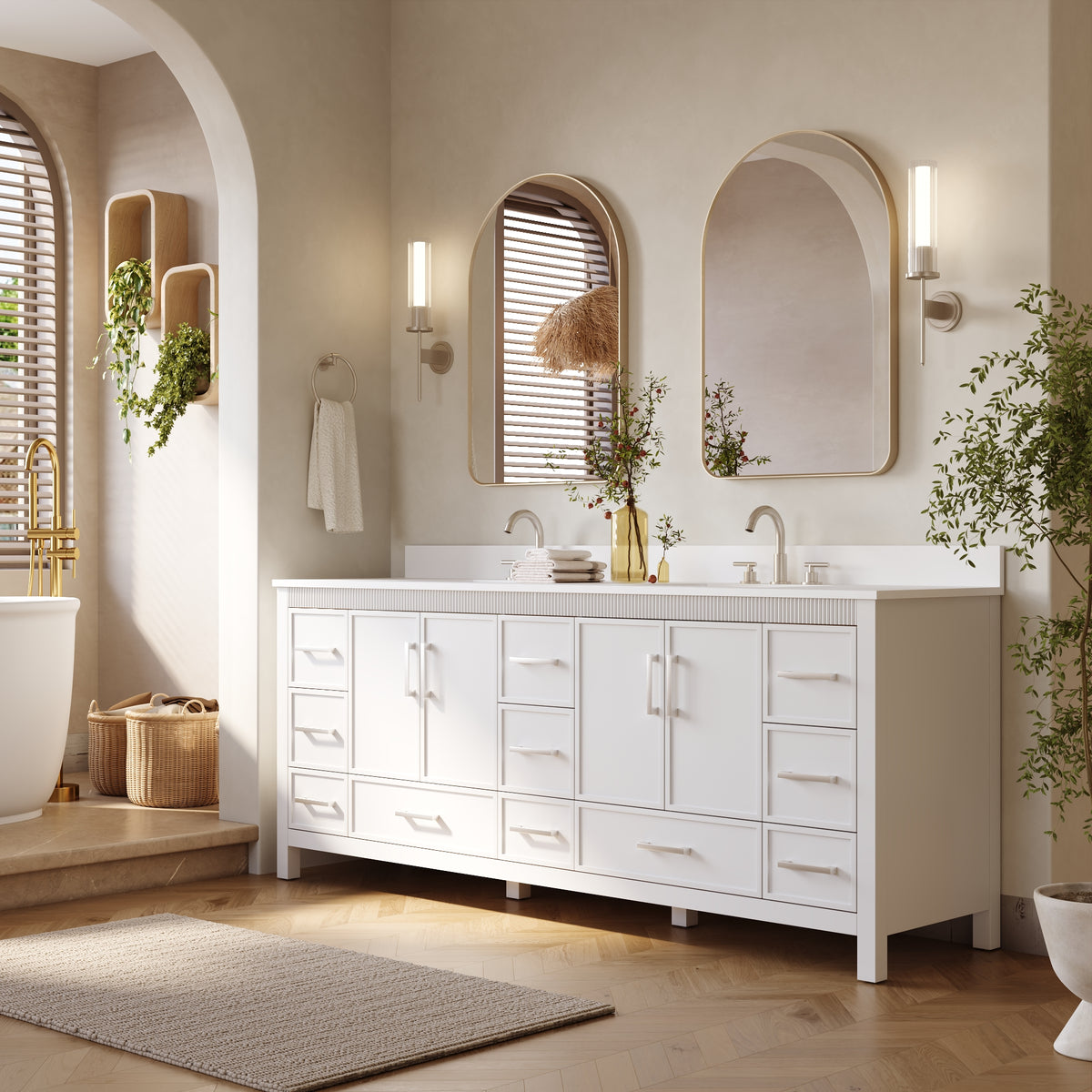 84 Inch Freestanding Solid Wood Bathroom Vanity with Pure White Quartz Countertop, 4 Soft-Close Doors & 11 Dovetail Drawers, White