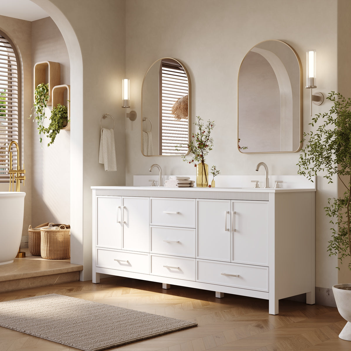 80 Inch Freestanding Solid Wood Bathroom Vanity with Pure White Quartz Countertop, 4 Soft-Close Doors & 5 Dovetail Drawers, White
