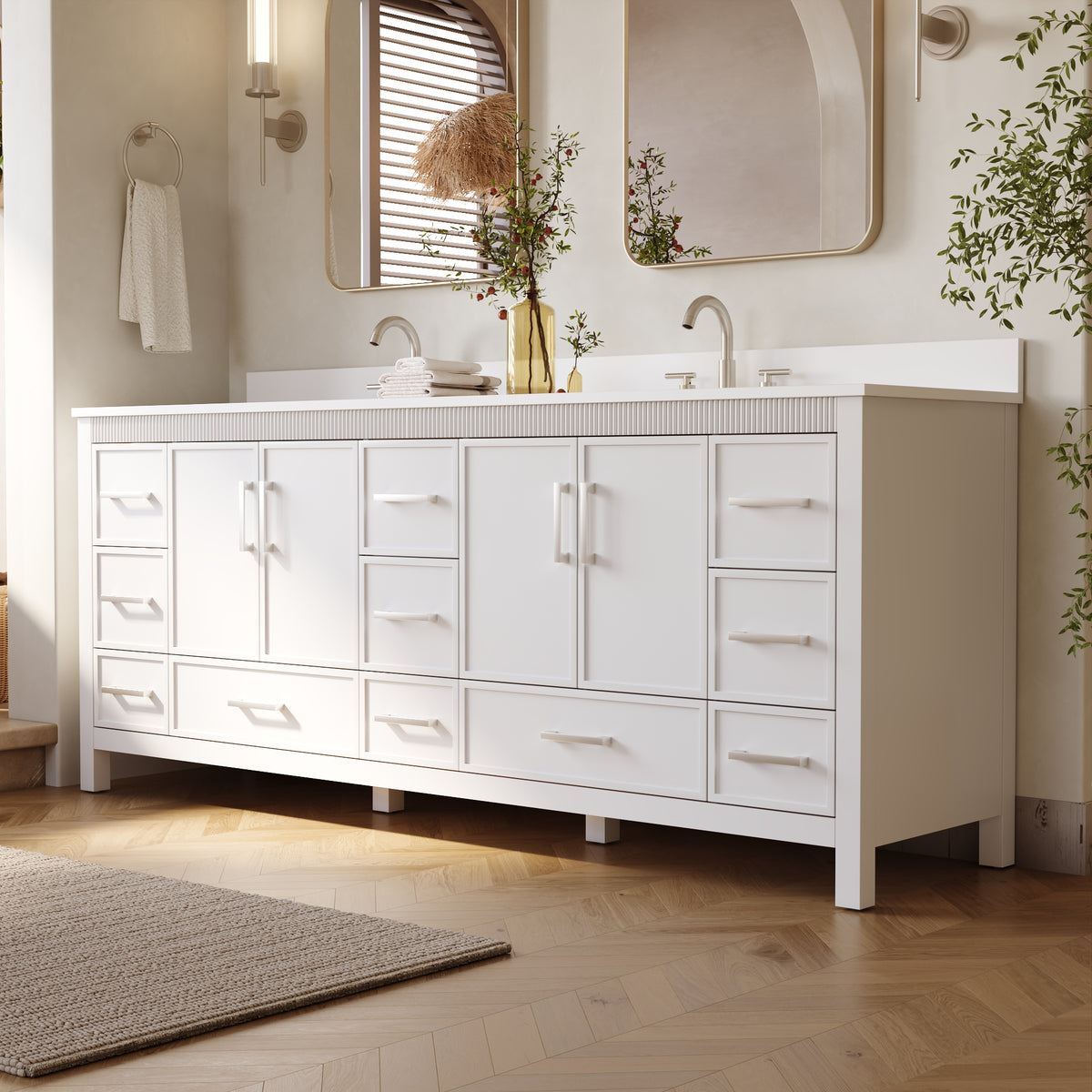 84 Inch Freestanding Solid Wood Bathroom Vanity with Pure White Quartz Countertop, 4 Soft-Close Doors & 11 Dovetail Drawers, White