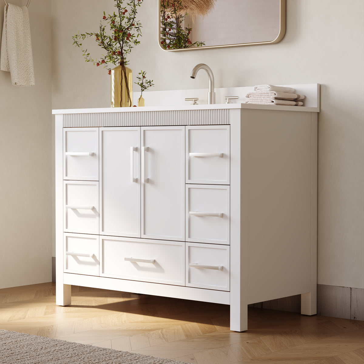 42 Inch Freestanding Solid Wood Bathroom Vanity with Fluted Molding, Pure White Quartz Countertop, White