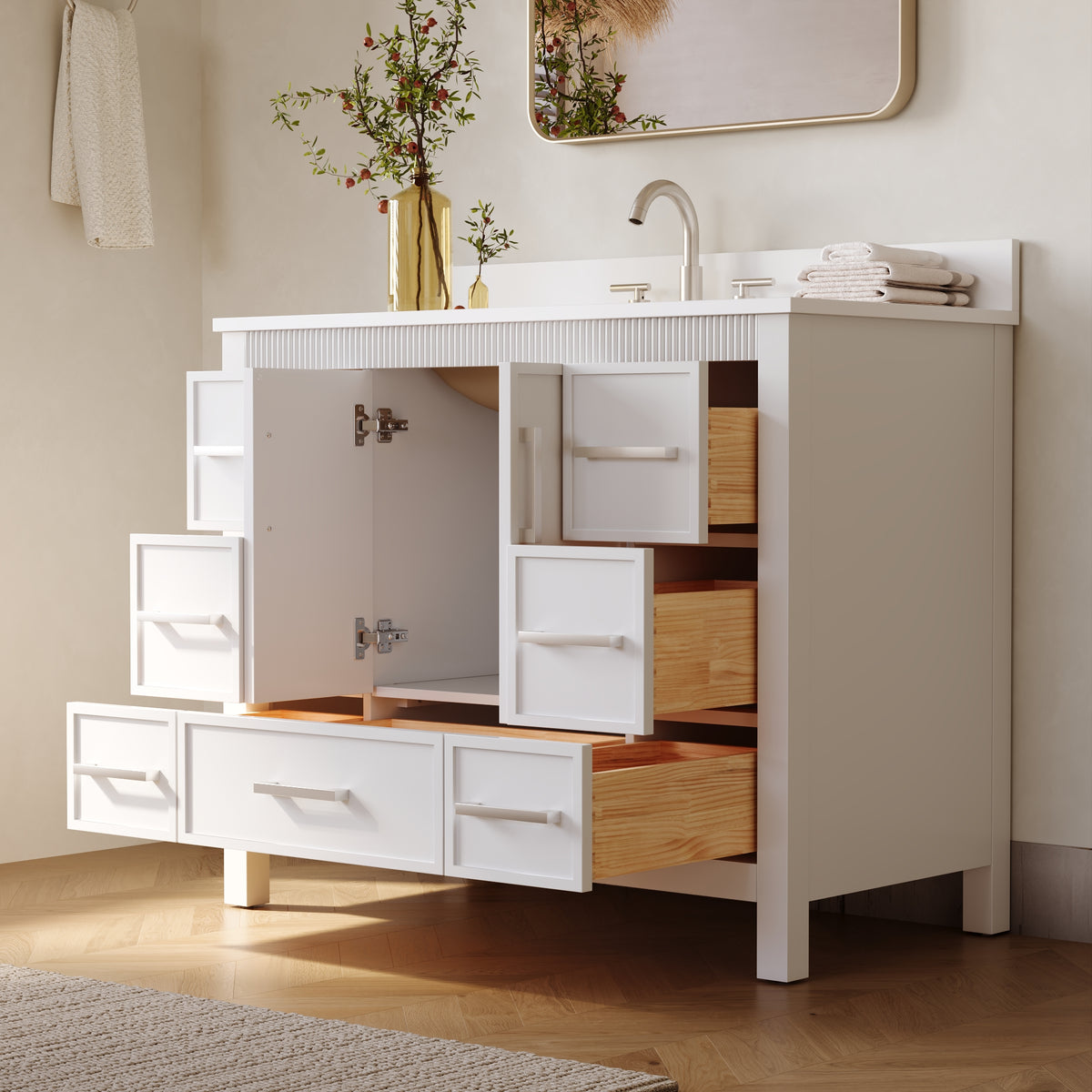 42 Inch Freestanding Solid Wood Bathroom Vanity with Fluted Molding, Pure White Quartz Countertop, White