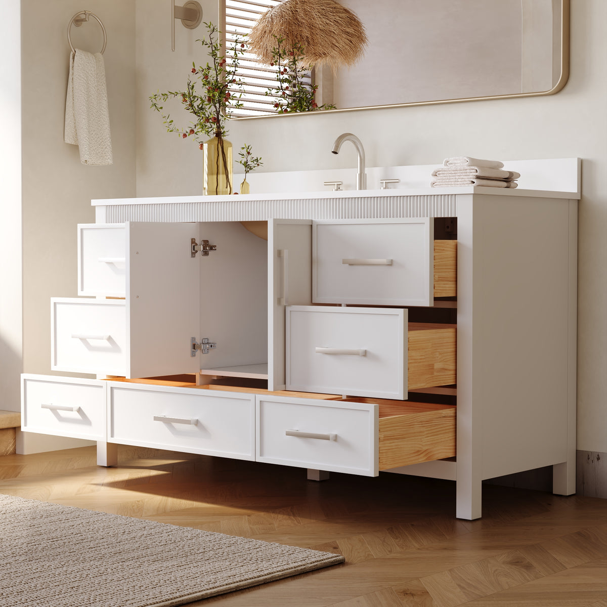 60 Inch Freestanding Solid Wood Bathroom Vanity with Pure White Quartz Countertop, 2 Soft-Close Doors & 7 Dovetail Drawers, White