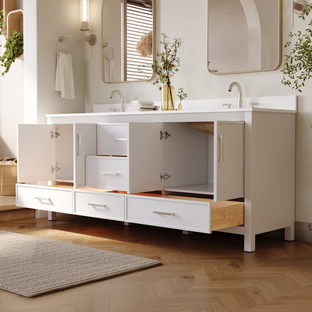 80 Inch Freestanding Solid Wood Bathroom Vanity with Pure White Quartz Countertop, 4 Soft-Close Doors & 5 Dovetail Drawers, White
