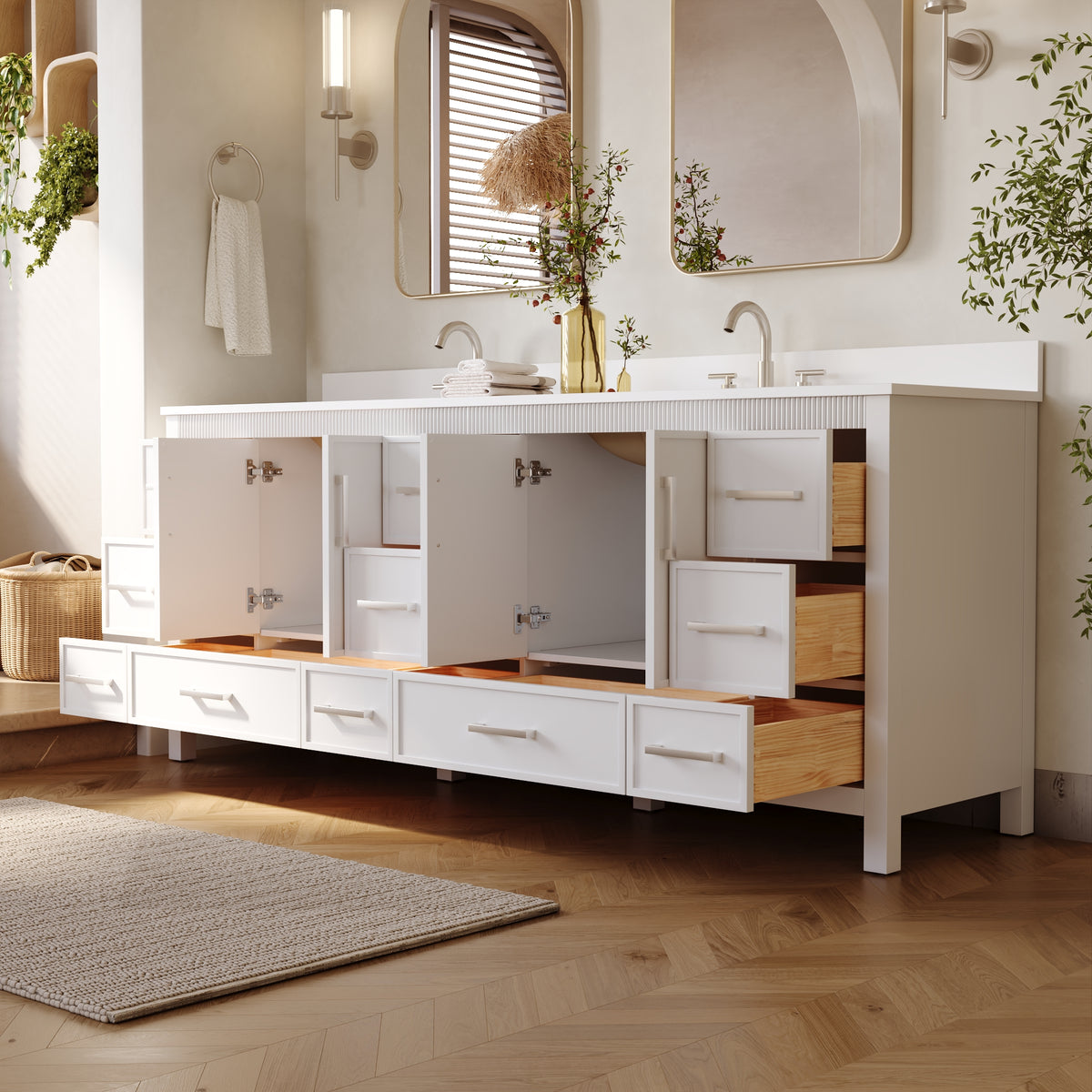 84 Inch Freestanding Solid Wood Bathroom Vanity with Pure White Quartz Countertop, 4 Soft-Close Doors & 11 Dovetail Drawers, White