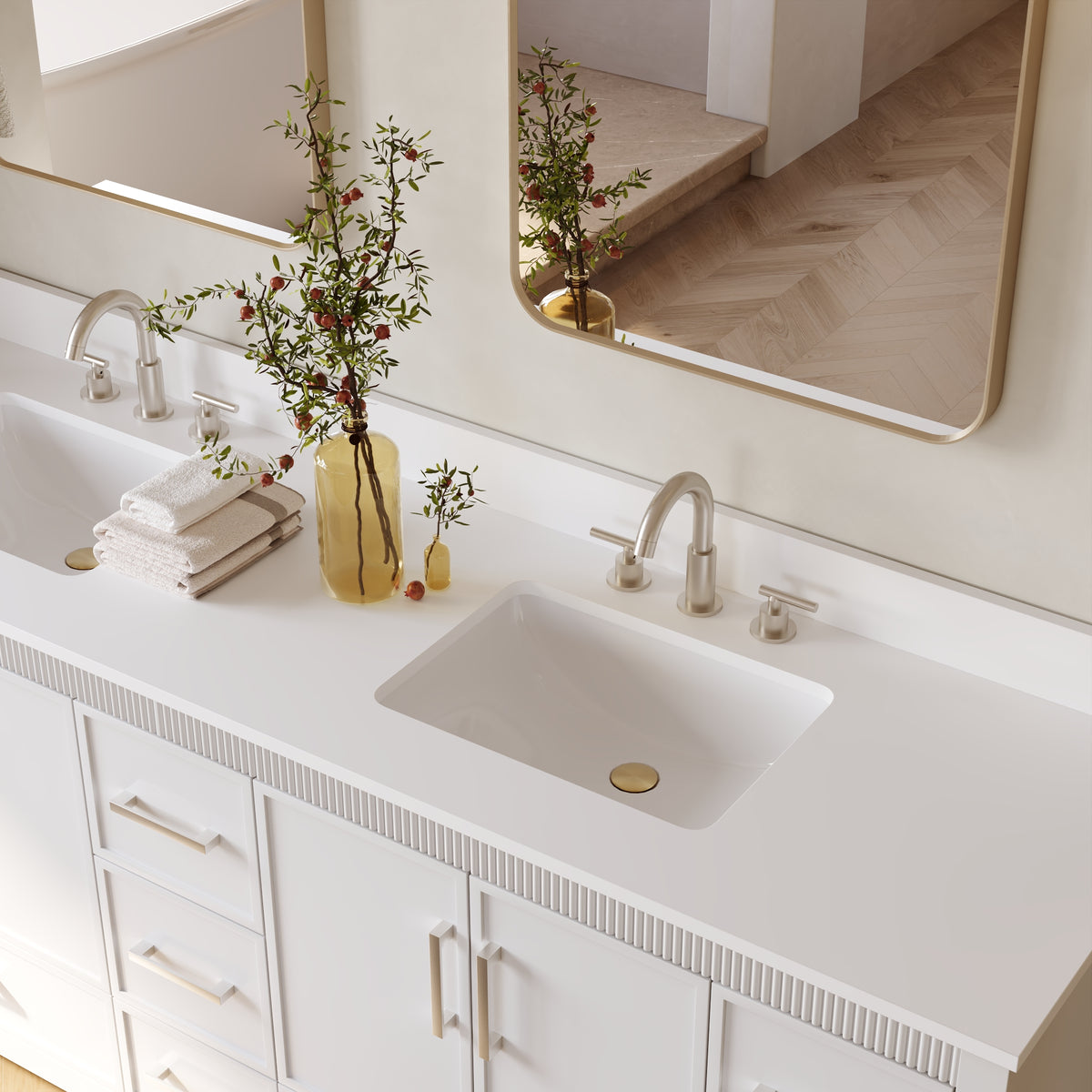 84 Inch Freestanding Solid Wood Bathroom Vanity with Pure White Quartz Countertop, 4 Soft-Close Doors & 11 Dovetail Drawers, White