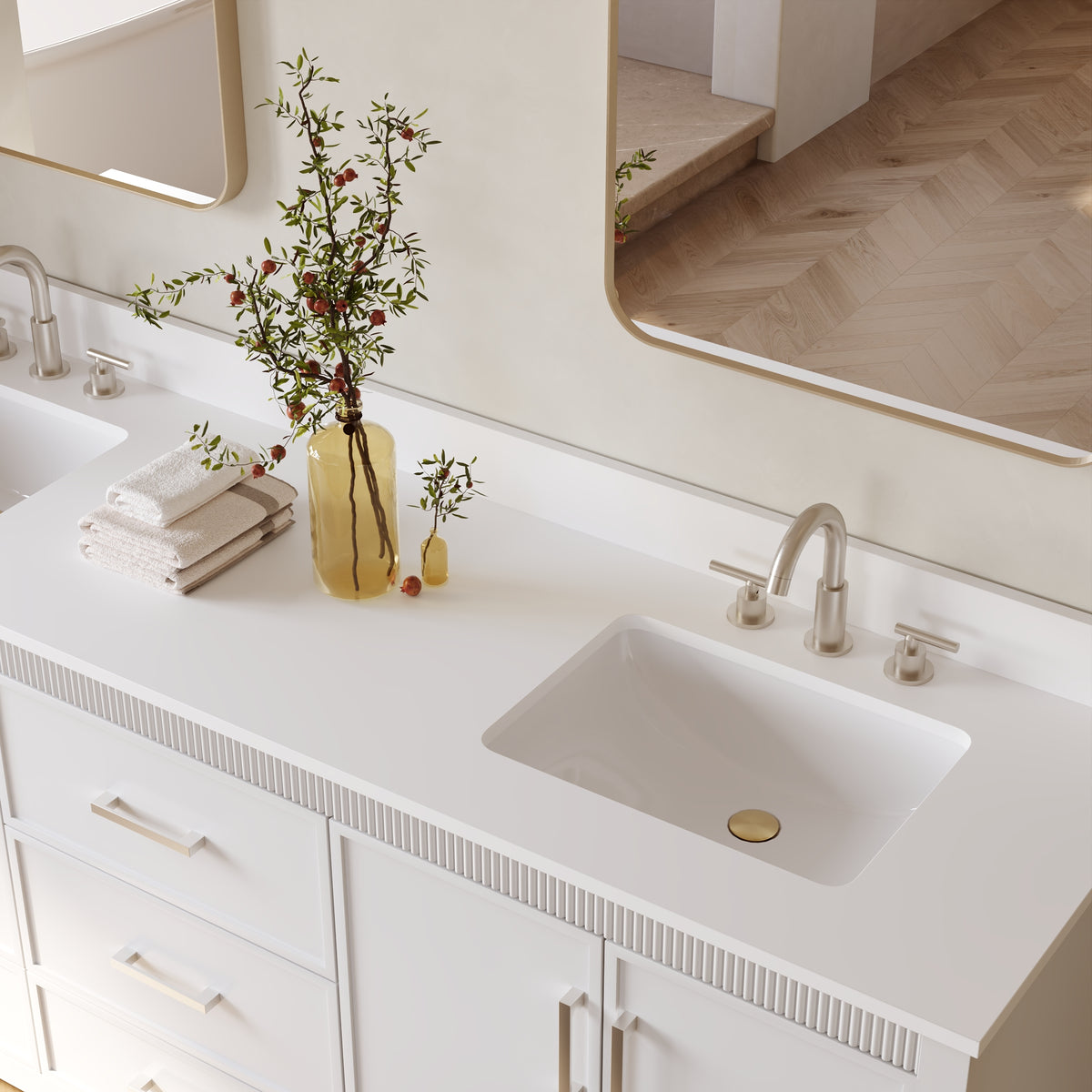 80 Inch Freestanding Solid Wood Bathroom Vanity with Pure White Quartz Countertop, 4 Soft-Close Doors & 5 Dovetail Drawers, White