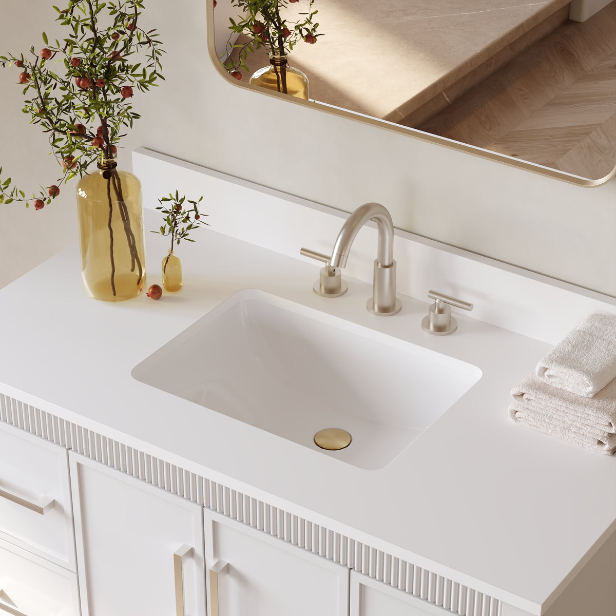 42 Inch Freestanding Solid Wood Bathroom Vanity with Fluted Molding, Pure White Quartz Countertop, White