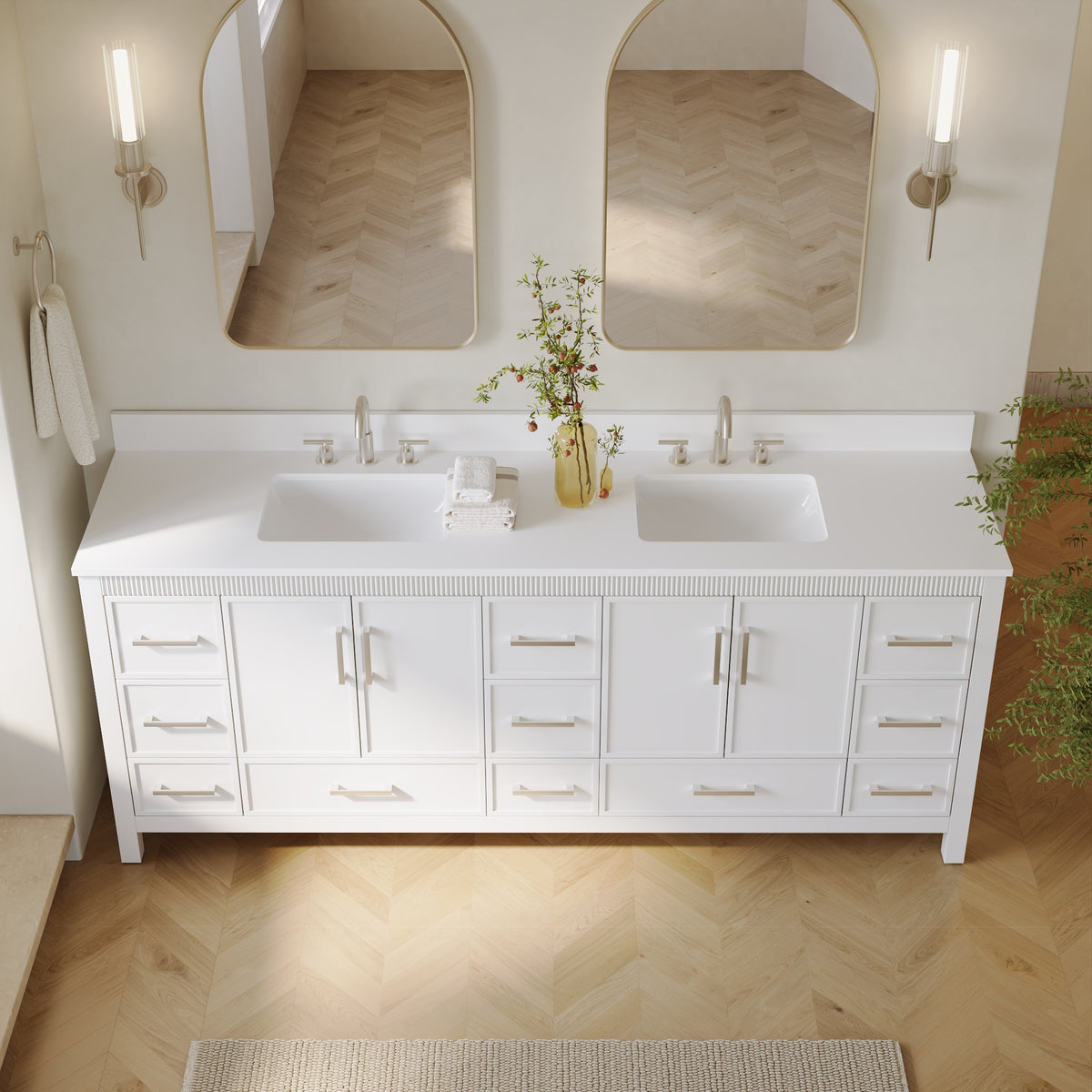 84 Inch Freestanding Solid Wood Bathroom Vanity with Pure White Quartz Countertop, 4 Soft-Close Doors & 11 Dovetail Drawers, White
