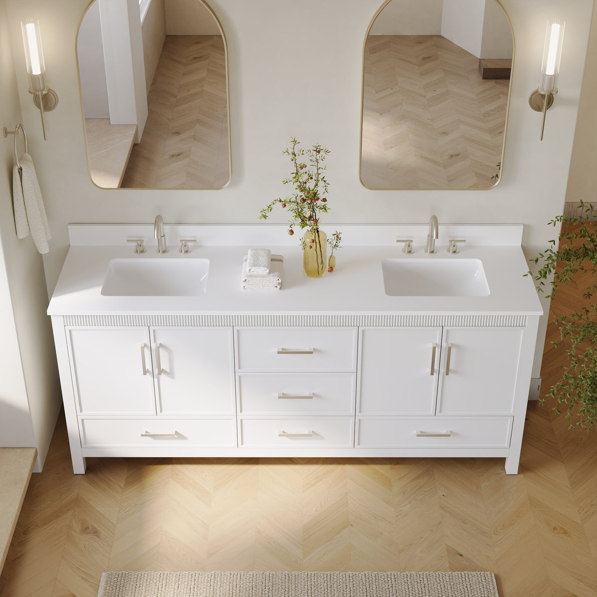 80 Inch Freestanding Solid Wood Bathroom Vanity with Pure White Quartz Countertop, 4 Soft-Close Doors & 5 Dovetail Drawers, White