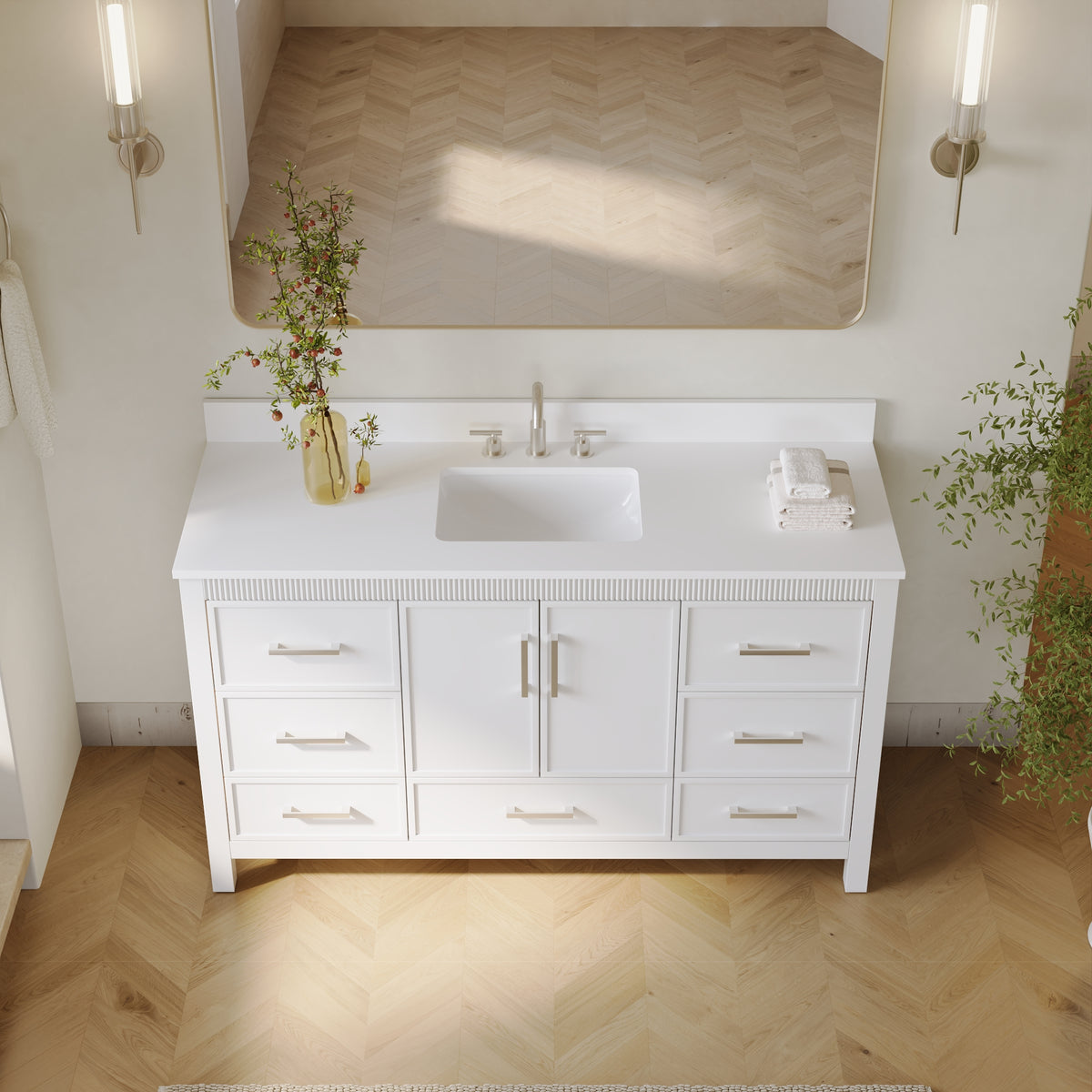 60 Inch Freestanding Solid Wood Bathroom Vanity with Pure White Quartz Countertop, 2 Soft-Close Doors & 7 Dovetail Drawers, White