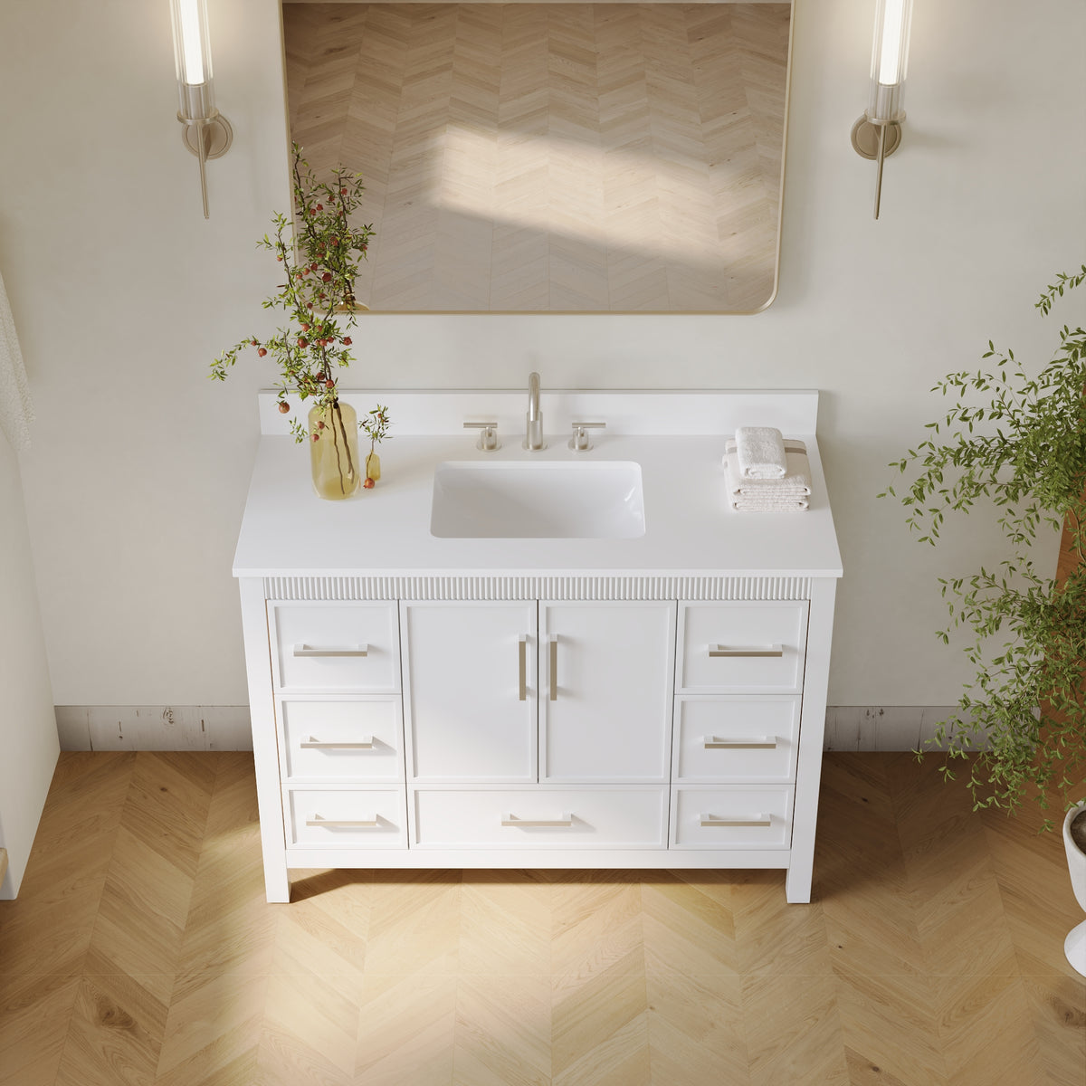 48 Inch Freestanding Solid Wood Bathroom Vanity with Fluted Molding, Pure White Quartz Countertop, White