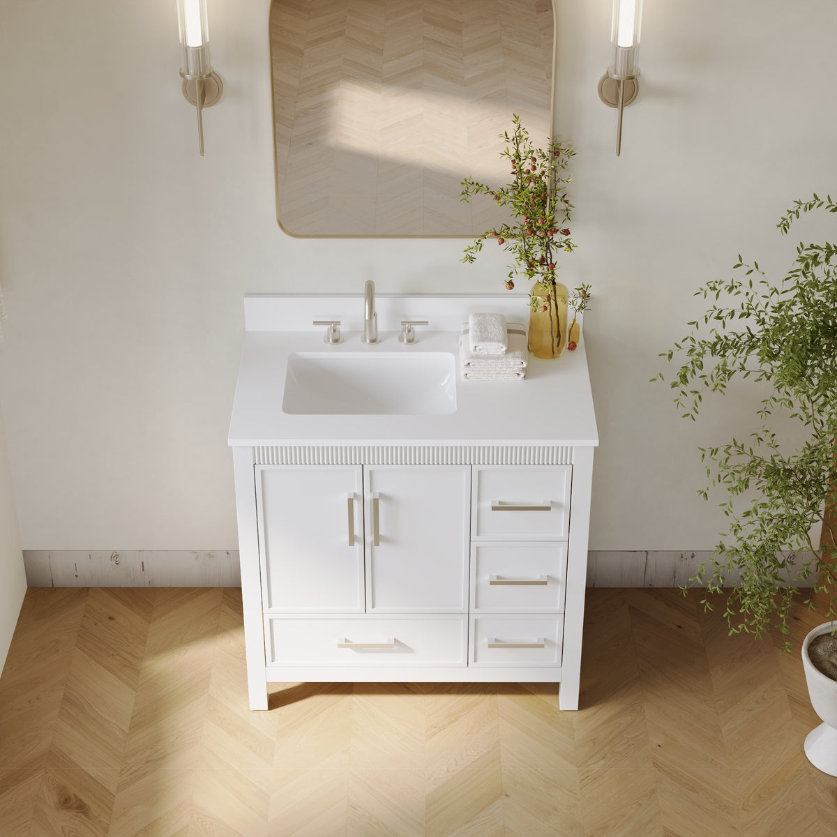 36 Inch Freestanding Solid Wood Bathroom Vanity with Fluted Molding, Pure White Quartz Countertop, White