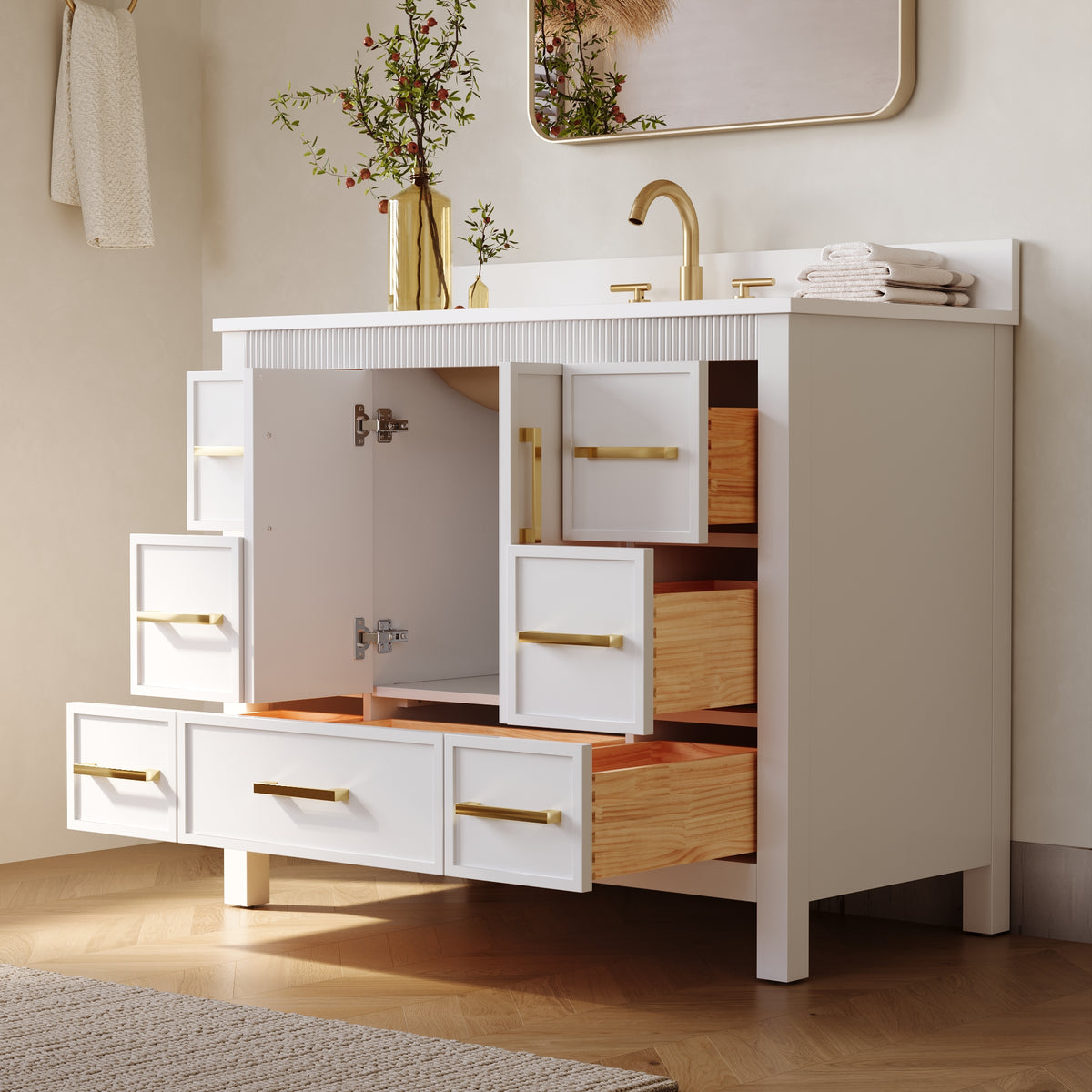 42 Inch Freestanding Solid Wood Bathroom Vanity with Fluted Molding, Pure White Quartz Countertop, White