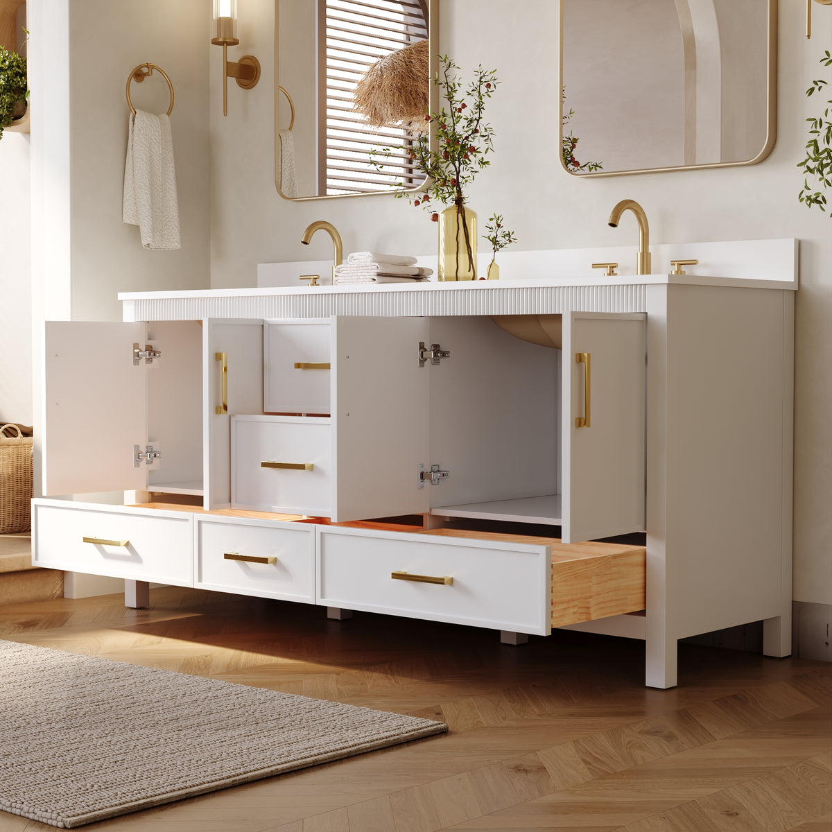 72 Inch Freestanding Solid Wood Bathroom Vanity with Pure White Quartz Countertop, 4 Soft-Close Doors & 5 Dovetail Drawers, White