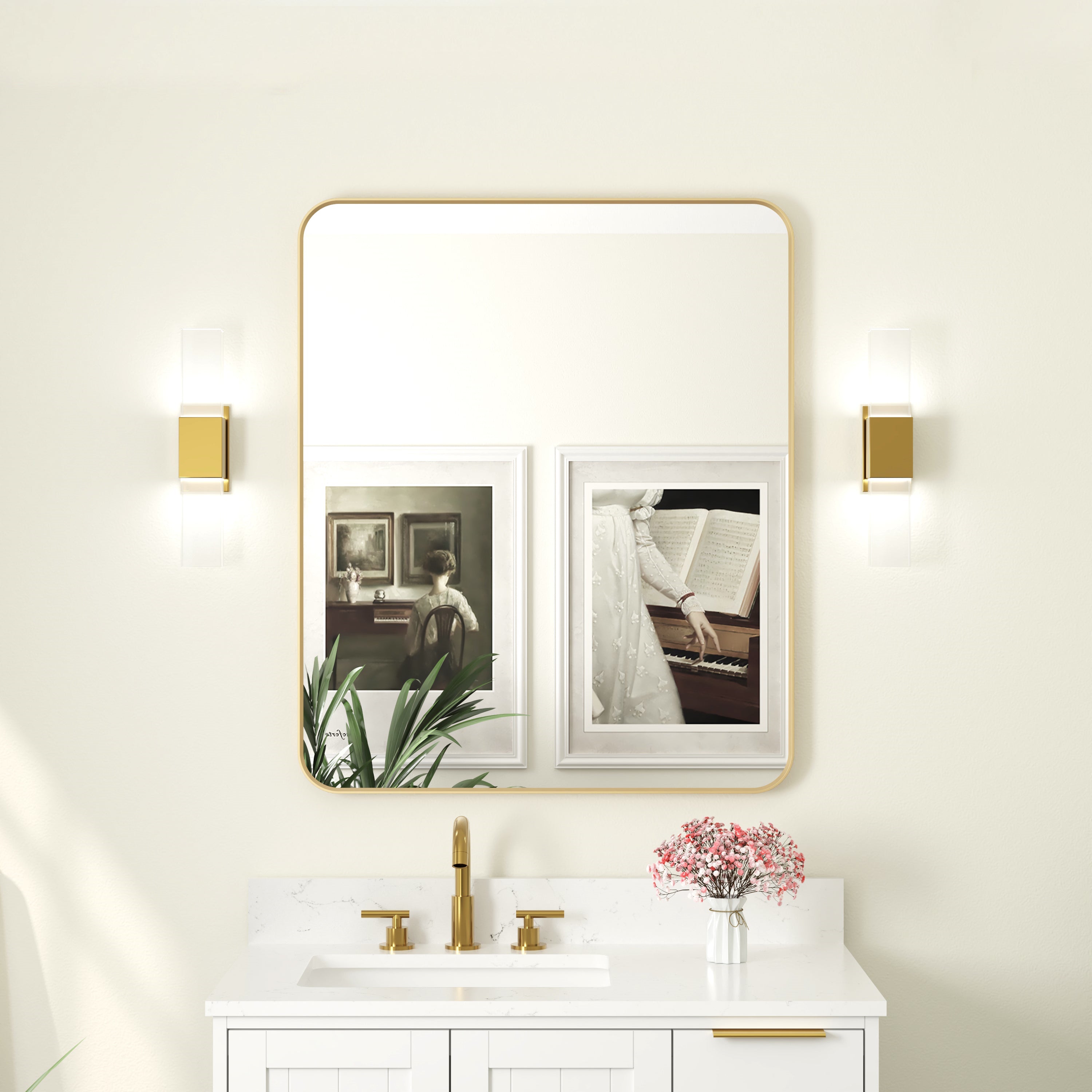 30-in W x 36-in H Rectangular Framed Bathroom Vanity Mirror in Brushed Gold