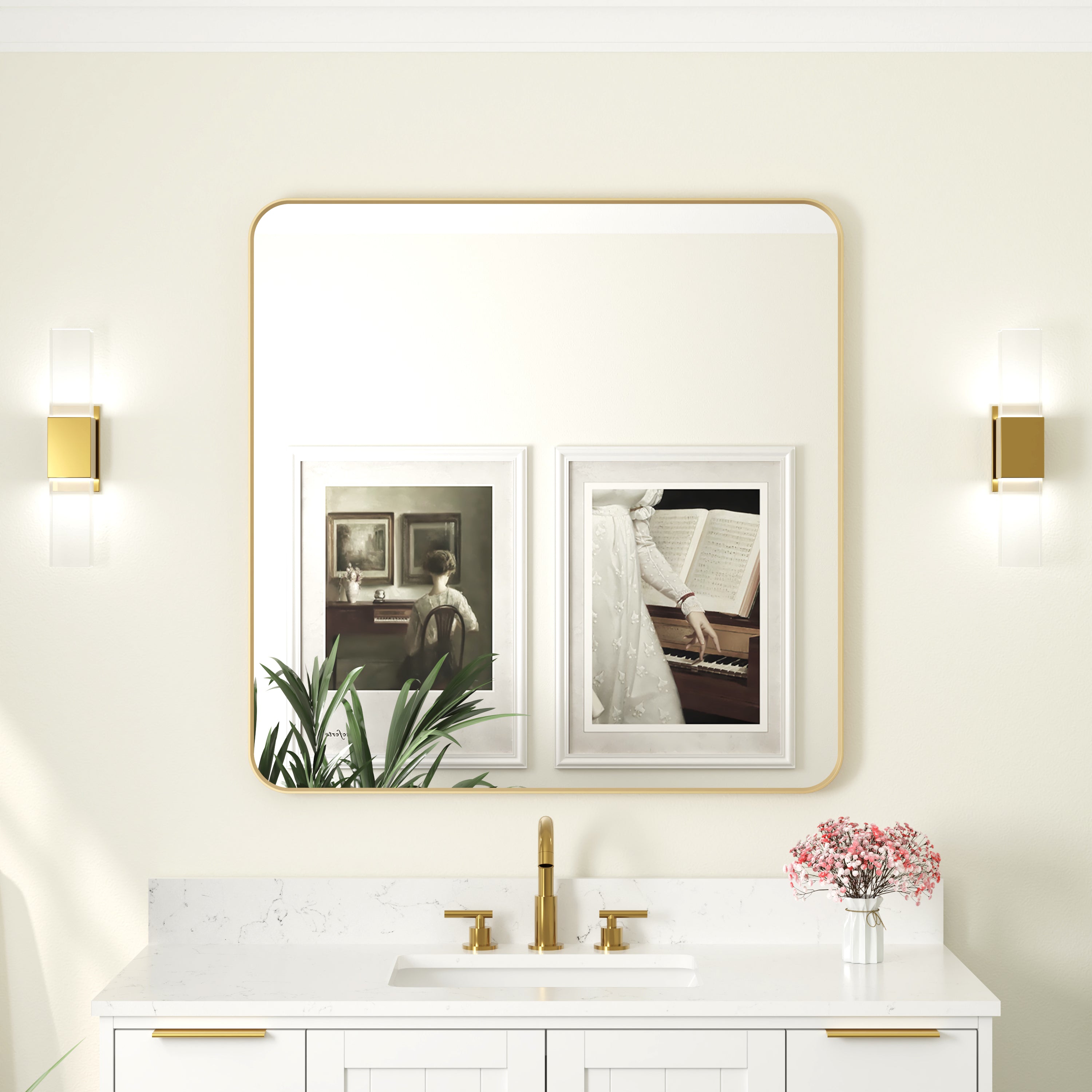 36-in W x 36-in H Rectangular Framed Bathroom Vanity Mirror in Brushed Gold