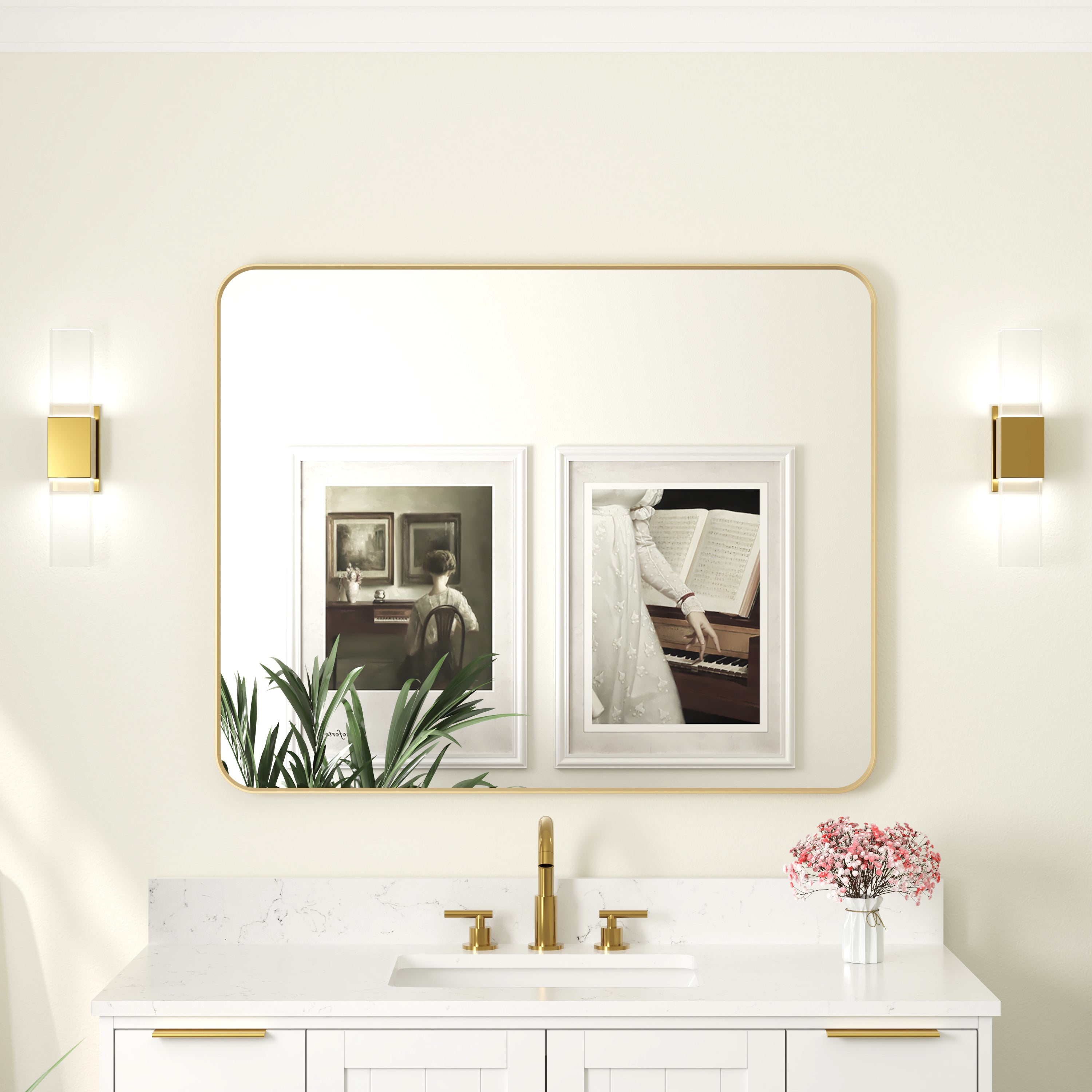 40-in W x 32-in H Rectangular Framed Bathroom Vanity Mirror in Brushed Gold