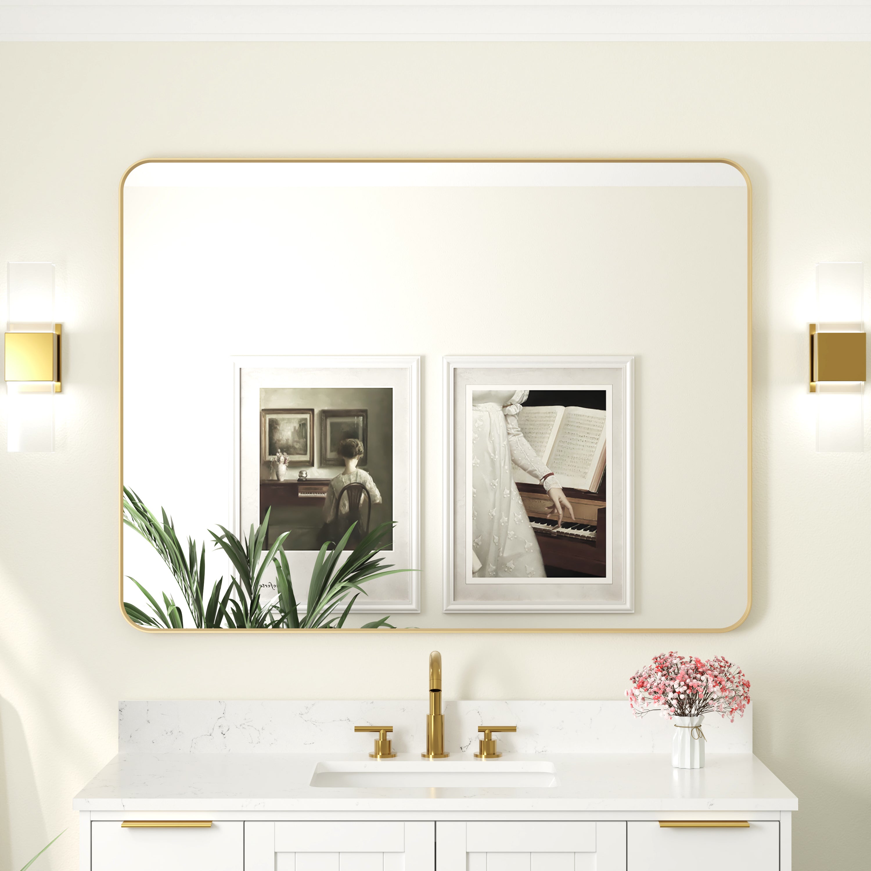 48-in W x 36-in H Brushed Gold Rectangular Framed Bathroom Vanity Mirror