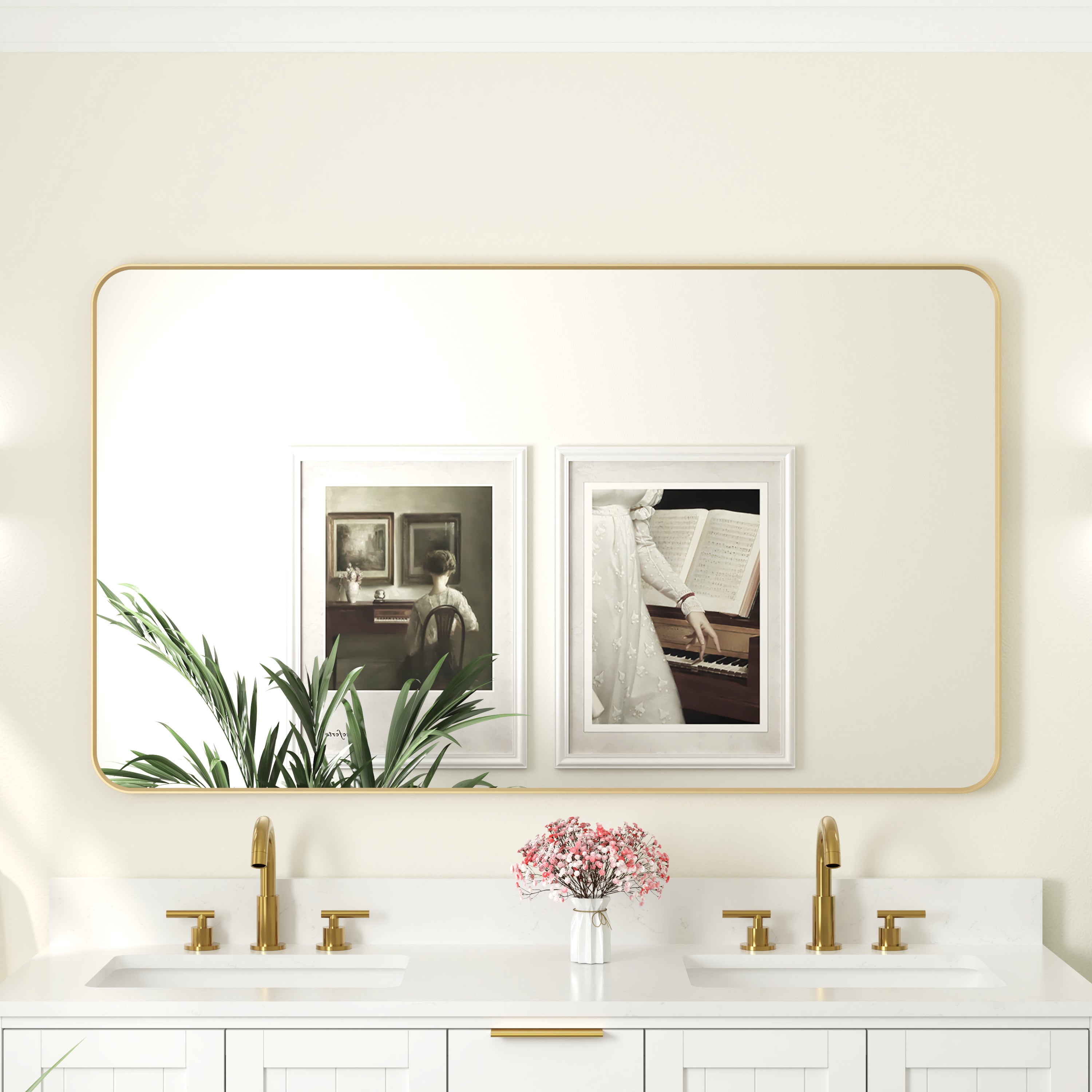 55-in W x 32-in H Brushed Gold Rectangular Framed Bathroom Vanity Mirror
