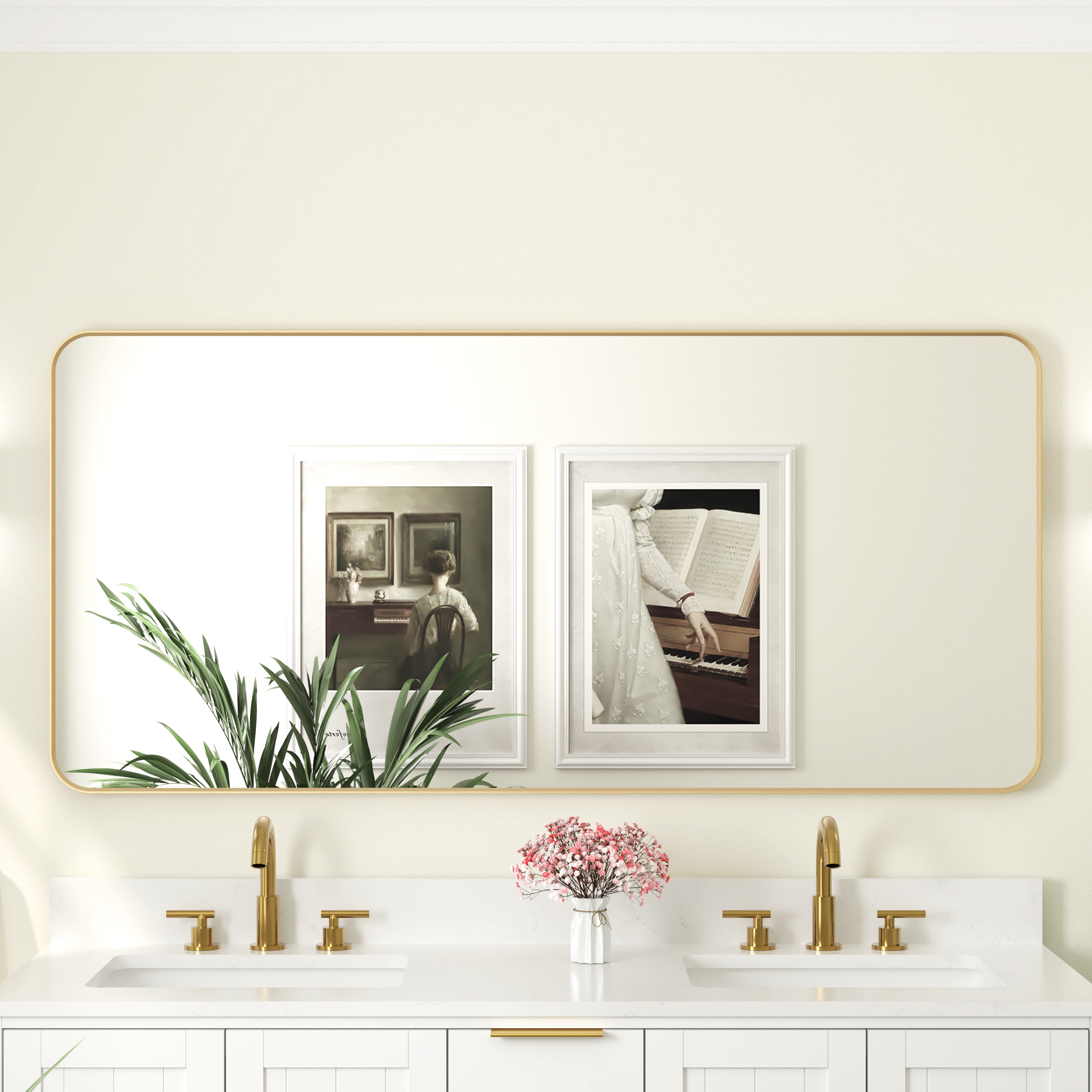 60-in W x 28-in H Brushed Gold Rectangular Framed Bathroom Vanity Mirror