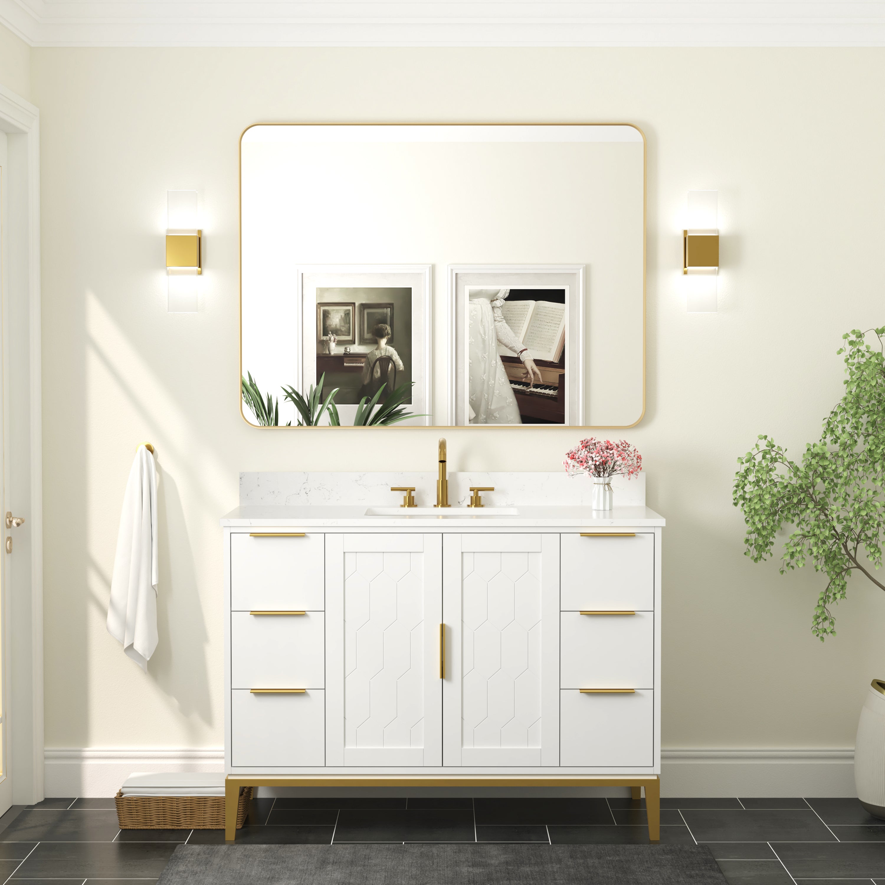 48-in W x 36-in H Brushed Gold Rectangular Framed Bathroom Vanity Mirror