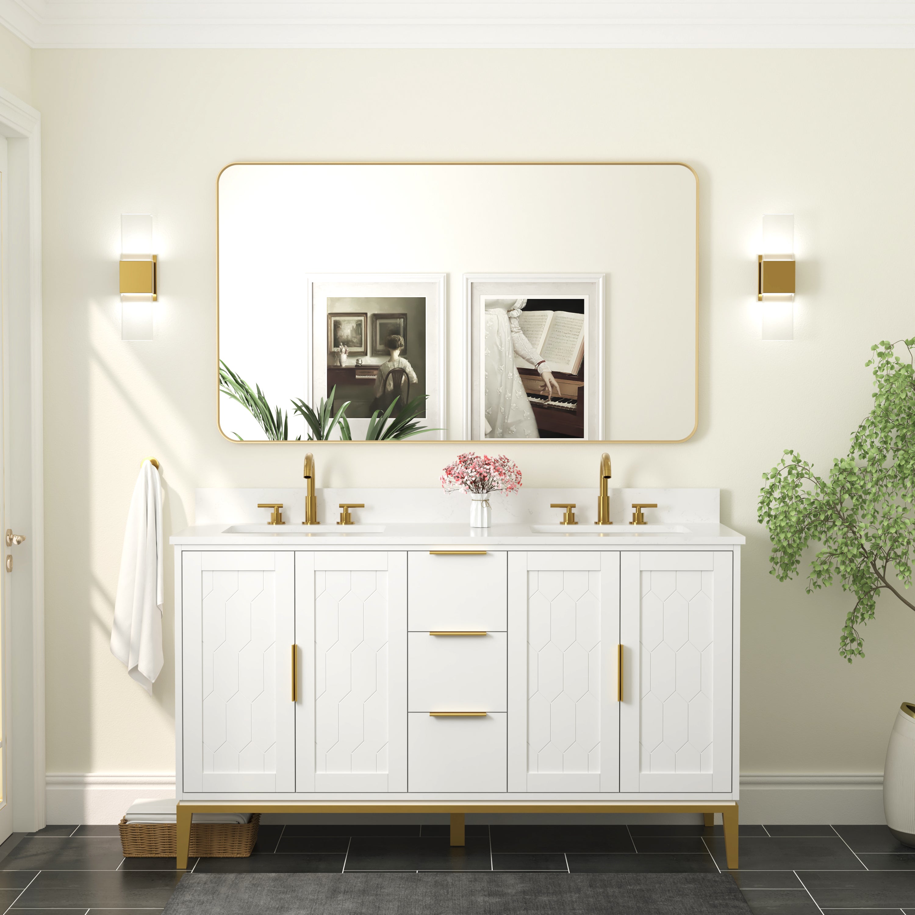 55-in W x 32-in H Brushed Gold Rectangular Framed Bathroom Vanity Mirror