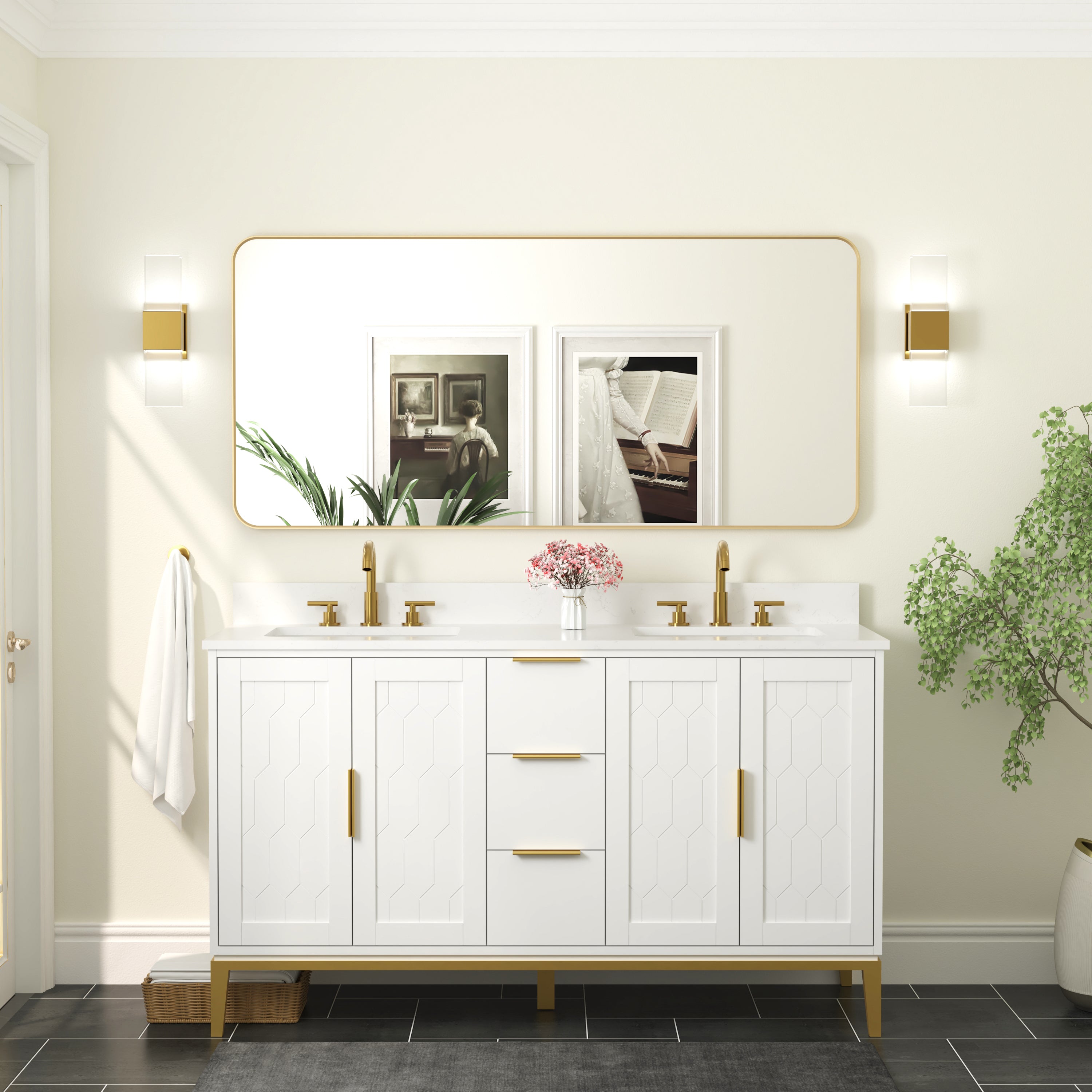 60-in W x 28-in H Brushed Gold Rectangular Framed Bathroom Vanity Mirror