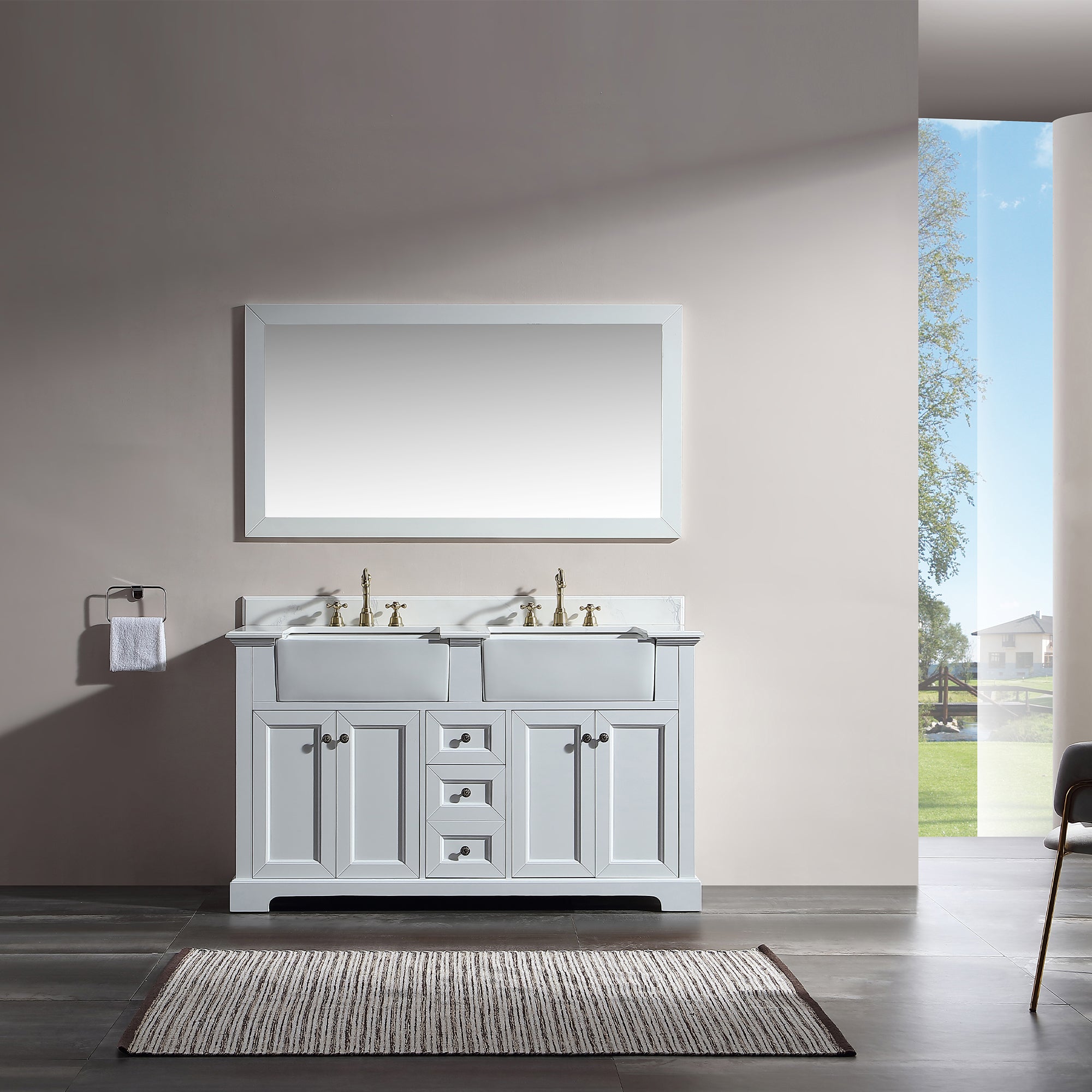 60" Freestanding Bath Vanity Minimalist in White with White Quartz Top with White Basin
