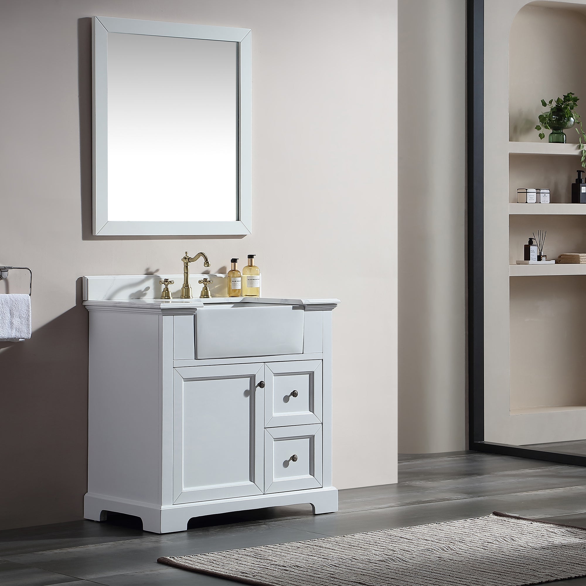 36 in. W x 22 in. D x 35 in. H Freestanding Bath Vanity Minimalist in White with White Quartz Top with White Basin
