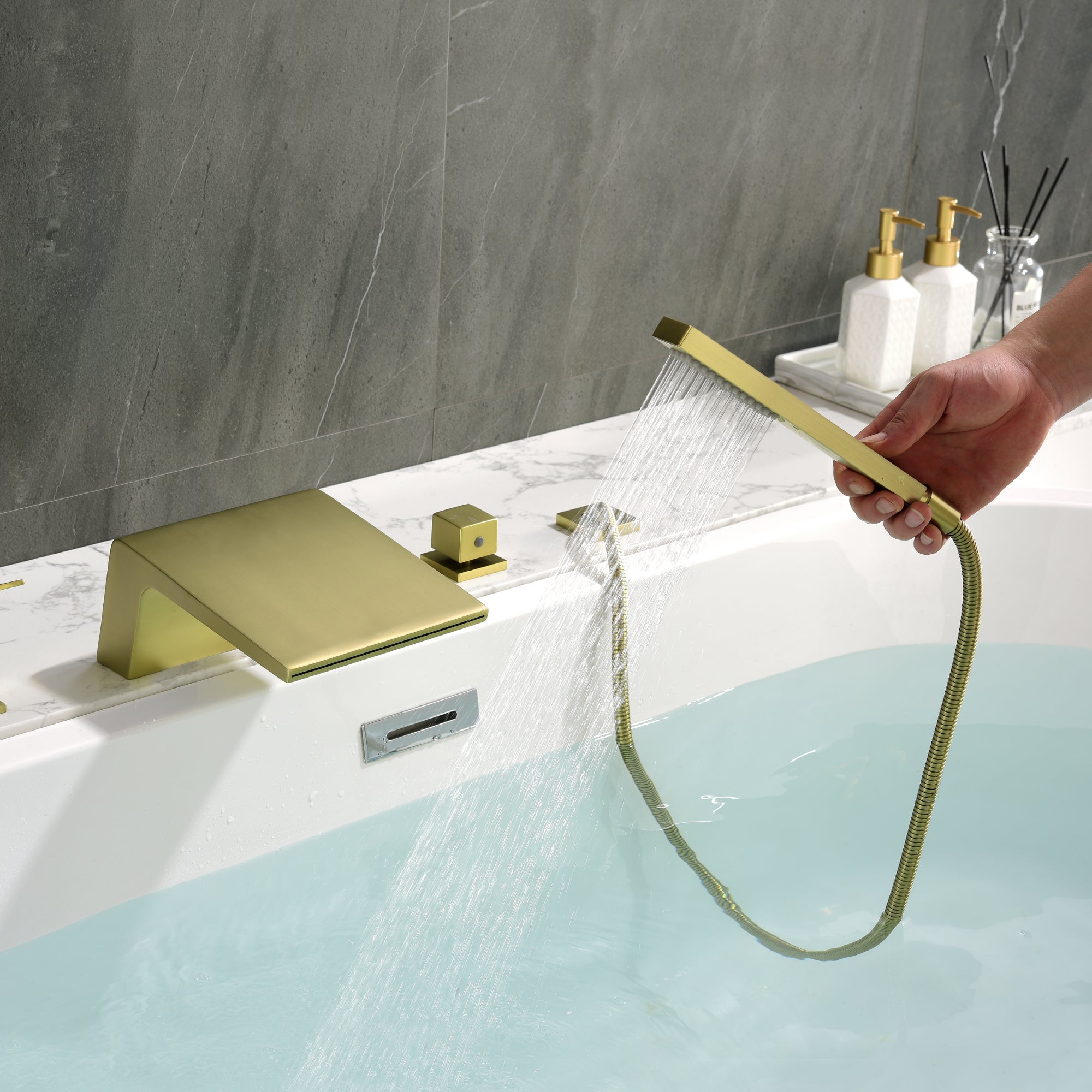 Deck Mounted Roman Tub Faucet with Handshower Brushed Gold