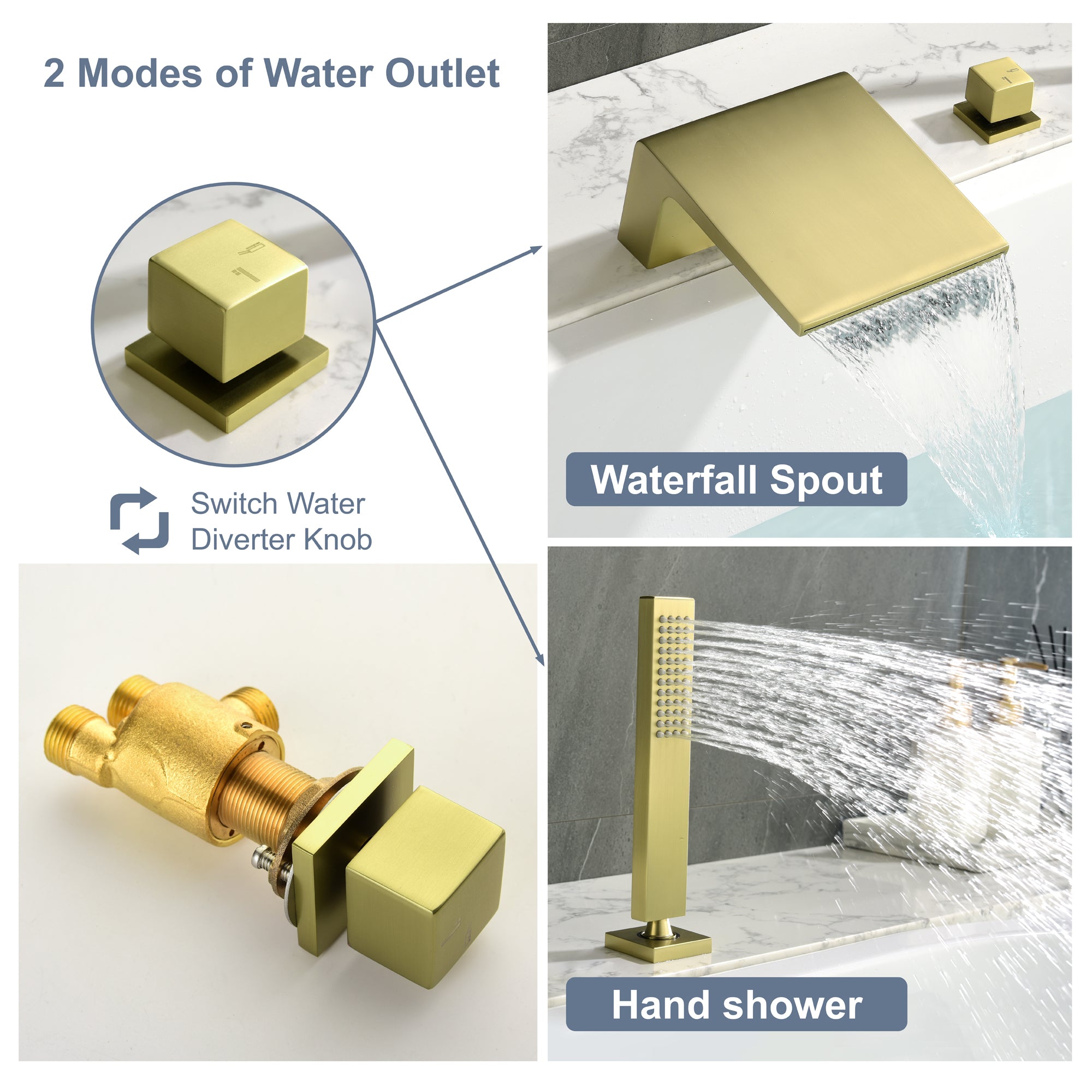 Deck Mounted Roman Tub Faucet with Handshower Brushed Gold