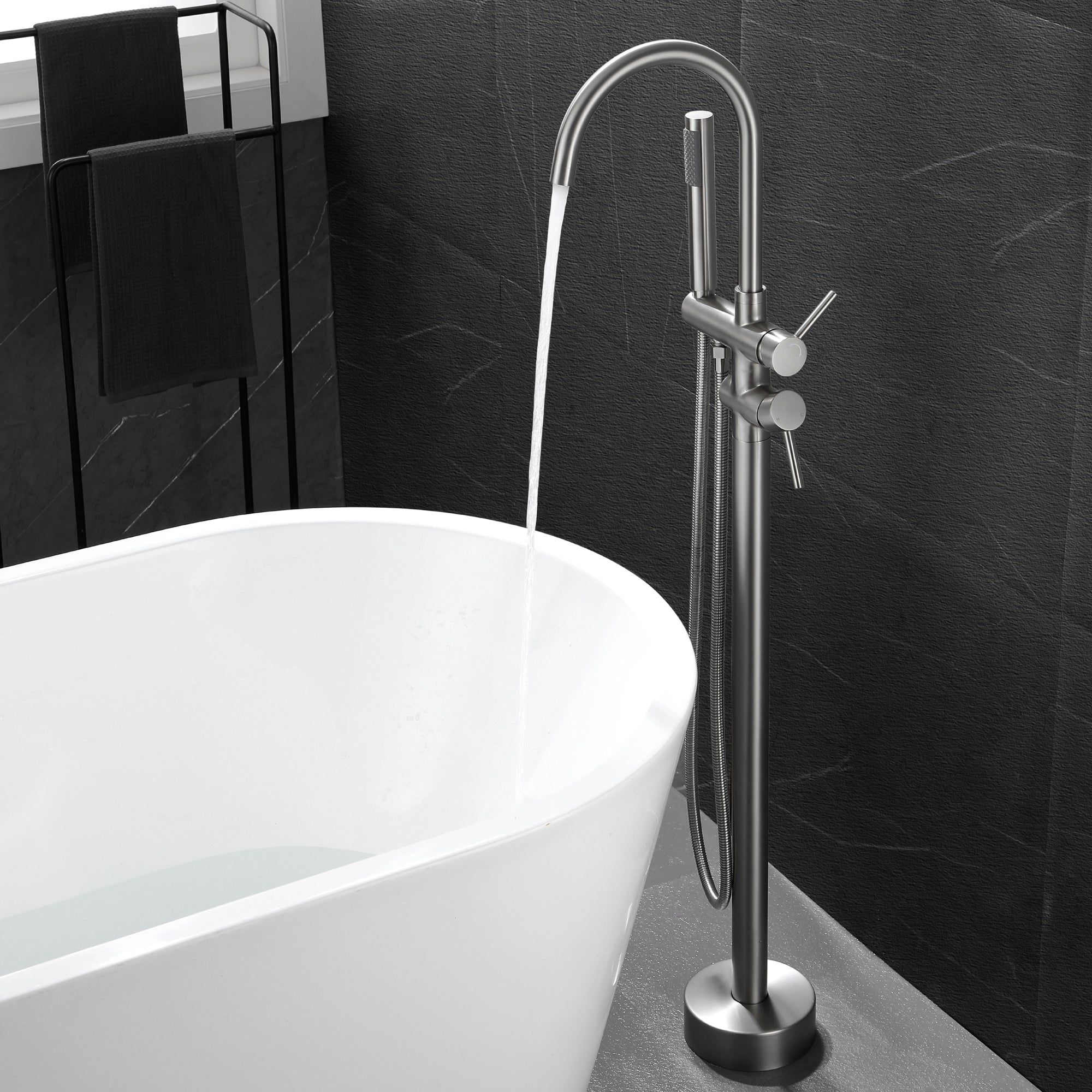 Double-Handle Floor Freestanding Bathroom Tub Faucets with Hand Shower