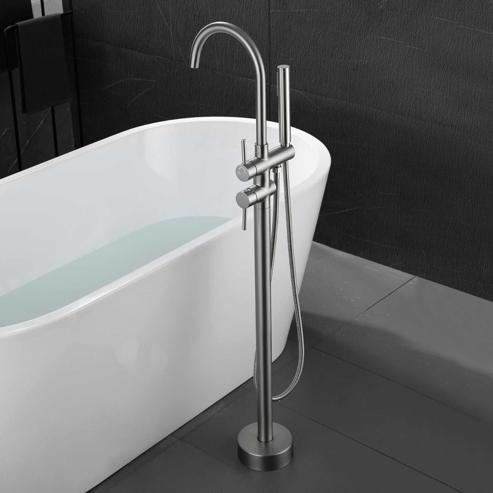 Double-Handle Floor Freestanding Bathroom Tub Faucets with Hand Shower