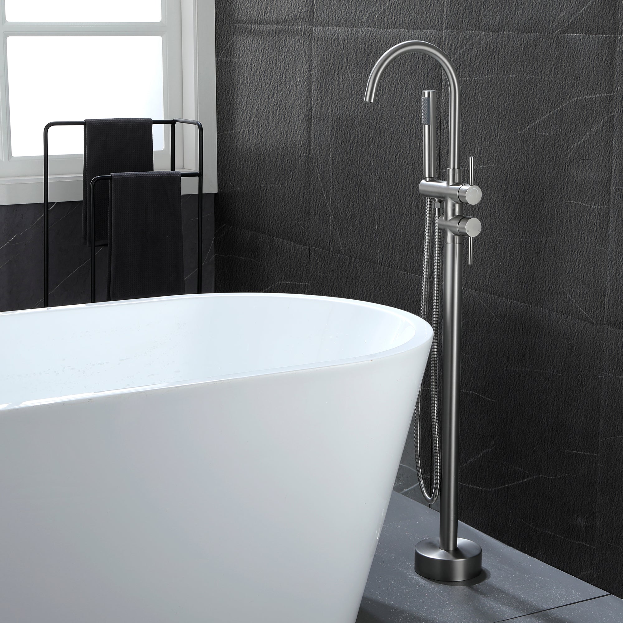 Double-Handle Floor Freestanding Bathroom Tub Faucets with Hand Shower