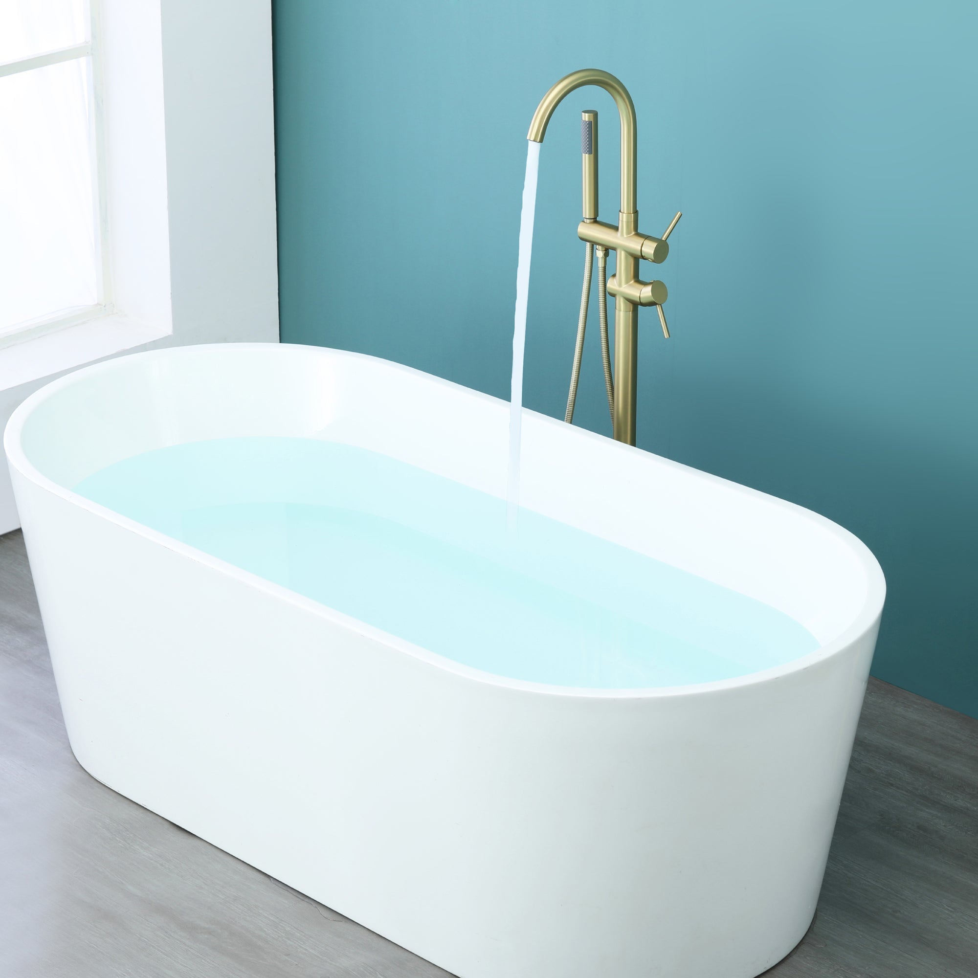 Double-Handle Floor Freestanding Bathroom Tub Faucets with Hand Shower