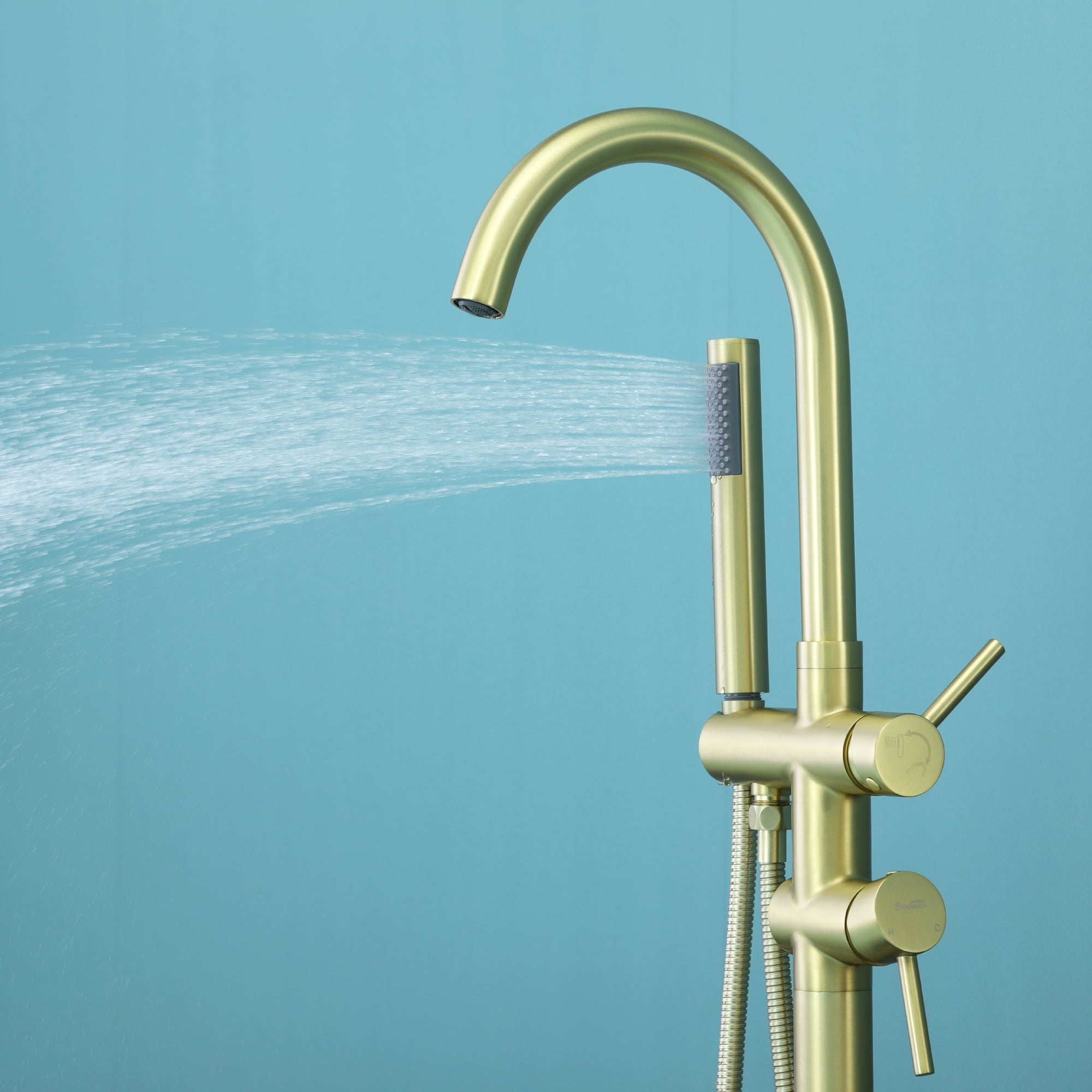 Double-Handle Floor Freestanding Bathroom Tub Faucets with Hand Shower